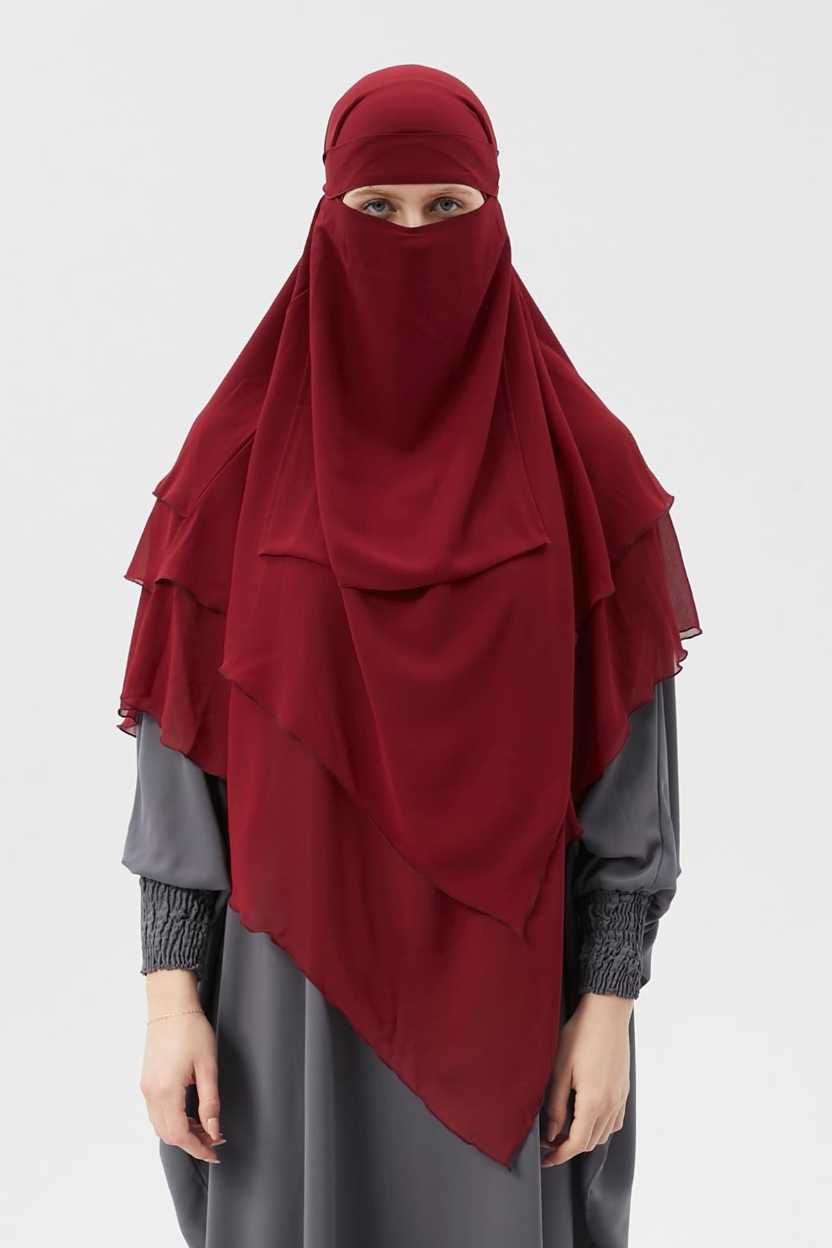 Islamic Women's Chiffon Triple-Layer Niqab  - Burgundy