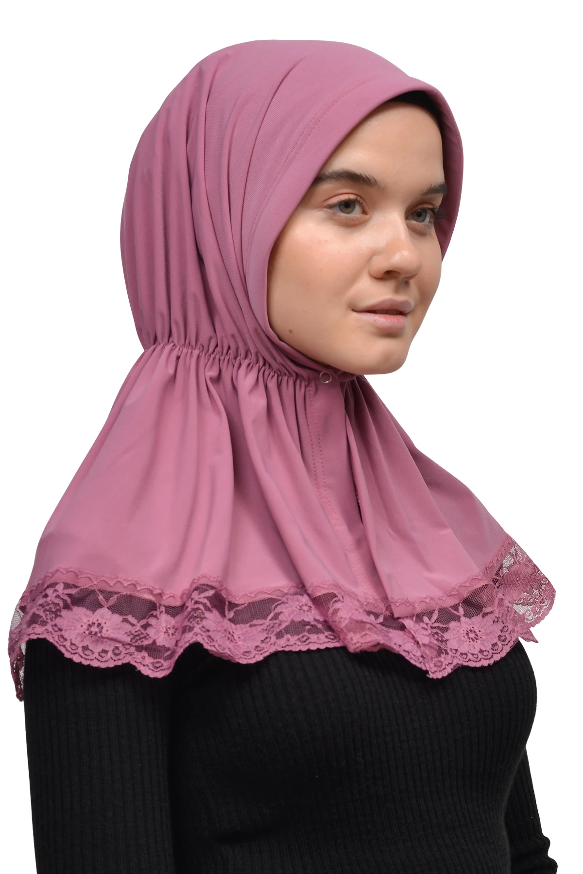Dantelli Lastik Büzgülü Tela Bantlı Çıtçıtlı Hazır Türban Pratik Eşarp