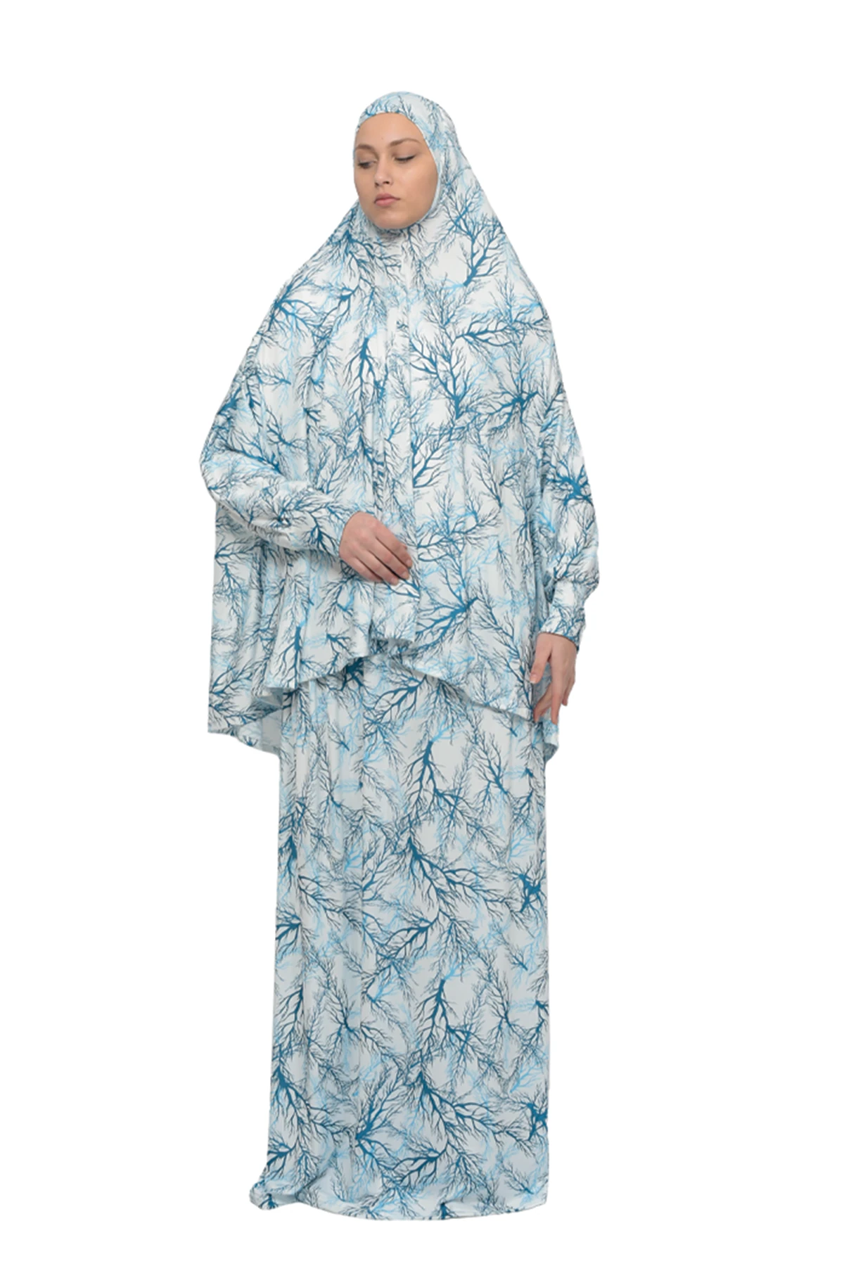 Two-Piece Elastic Skirt & Batwing Sleeve Tree Pattern Prayer Dress