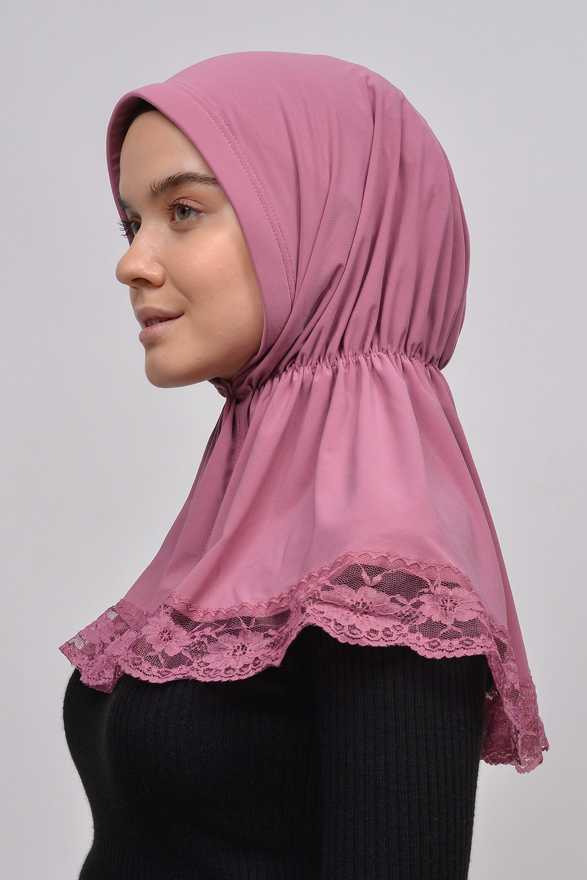 Lace Elastic Shirred Hijab - Comfortable and Stylish  - Dried Rose