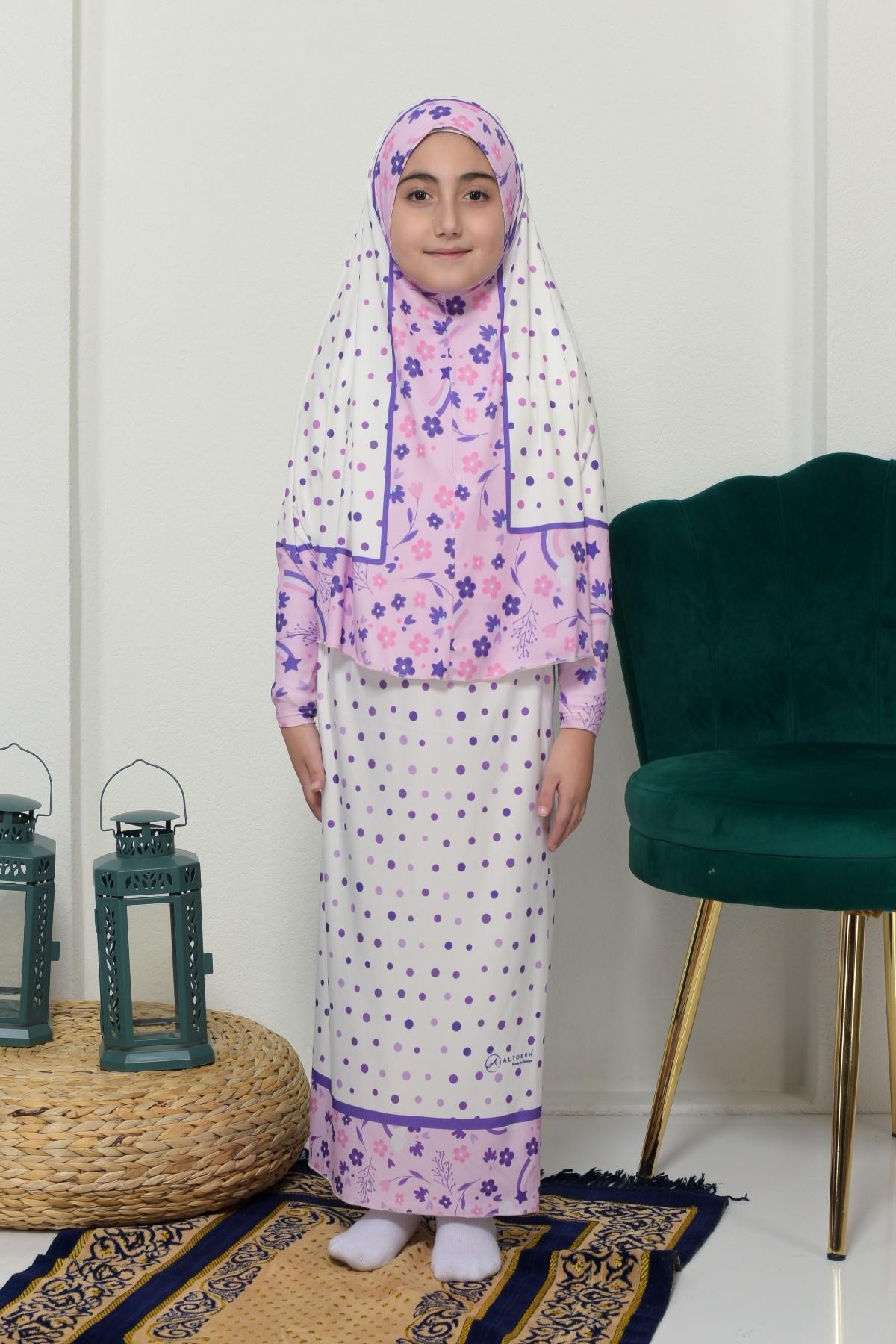 Çocuk Namaz Takımı Pratik İki Parça Desenli Kollu Tak Çıkar Başörtülü Likralı Tesettür Elbise (6-12 Yaş) 901-0401