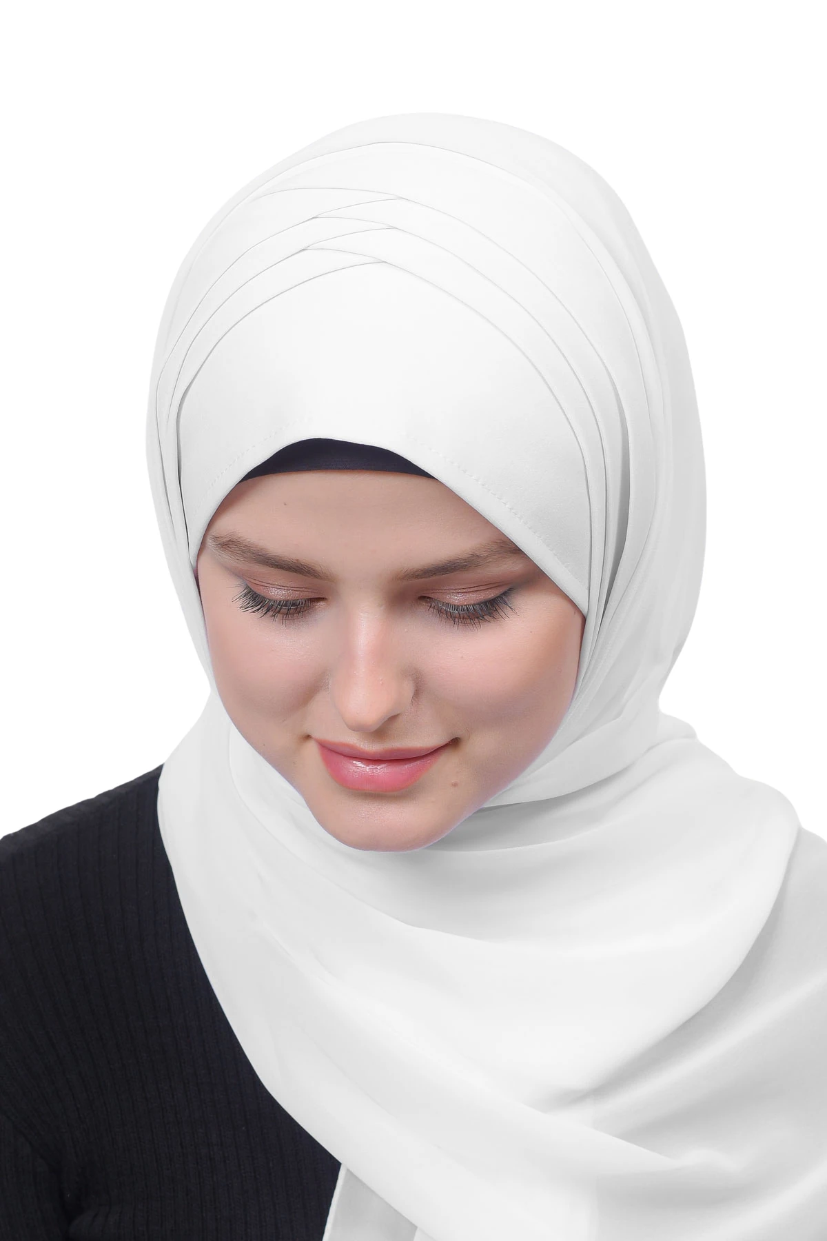 Pileli Çapraz Tela Bantlı Pratik Tesettür Şifon Şal