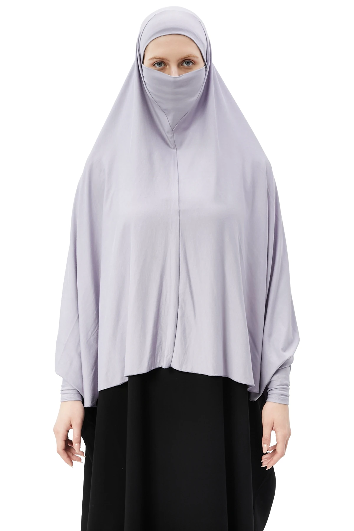 Kollu Sufle Çarşaf Üstü Peçeli Pratik Tesettür Hijab - Nikaplı Namaz Örtüsü - Gri