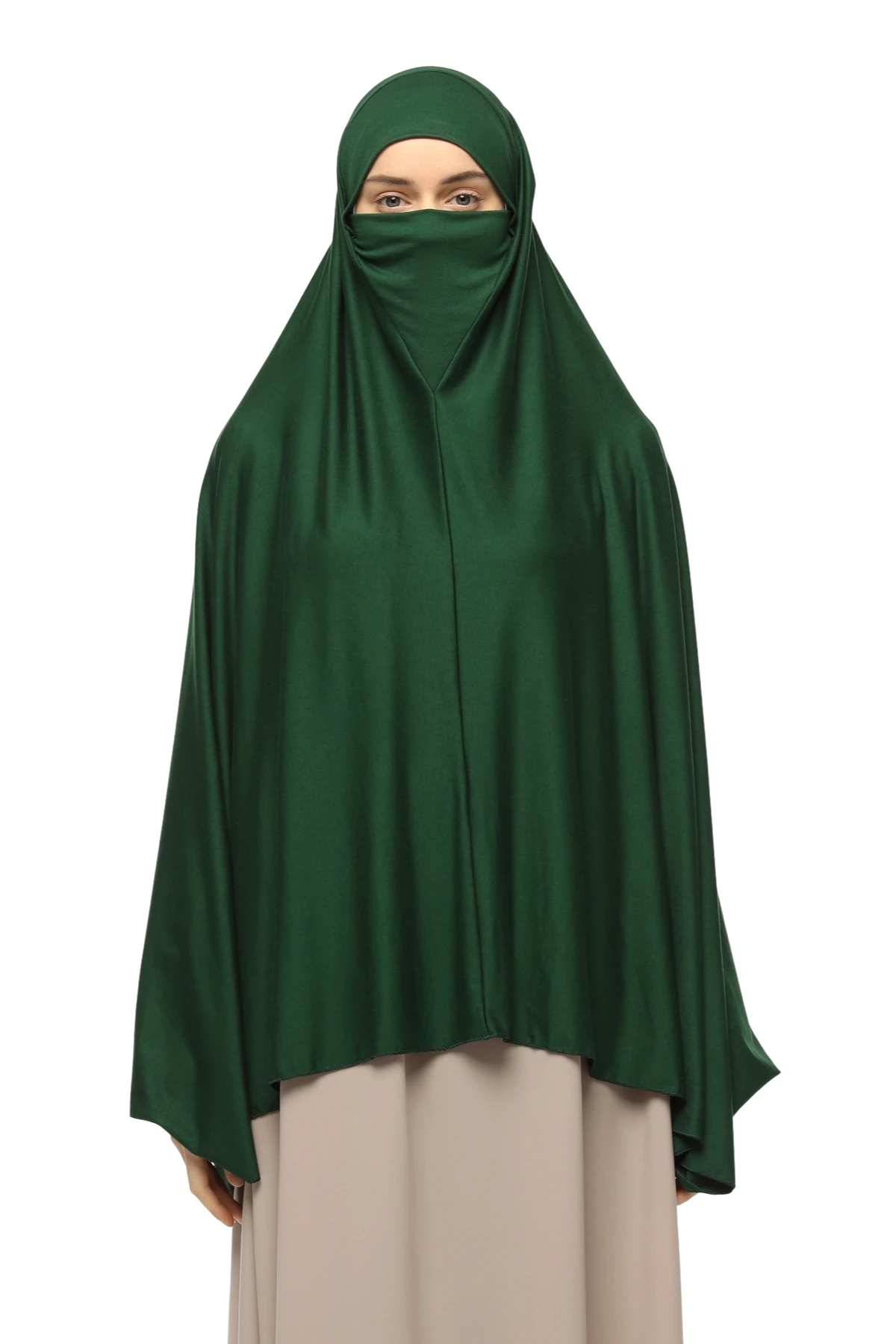 Kollu Sufle Çarşaf Üstü Peçeli Pratik Tesettür Hijab - Nikaplı Namaz Örtüsü - zümrüt