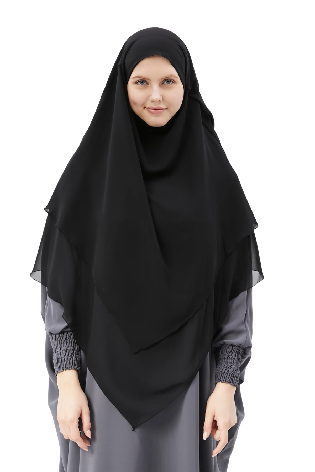 Hazır Pratik Şifon Üç Katlı Peçeli Üçgen Hac Umre Şalı Sufle Hijab Nikap