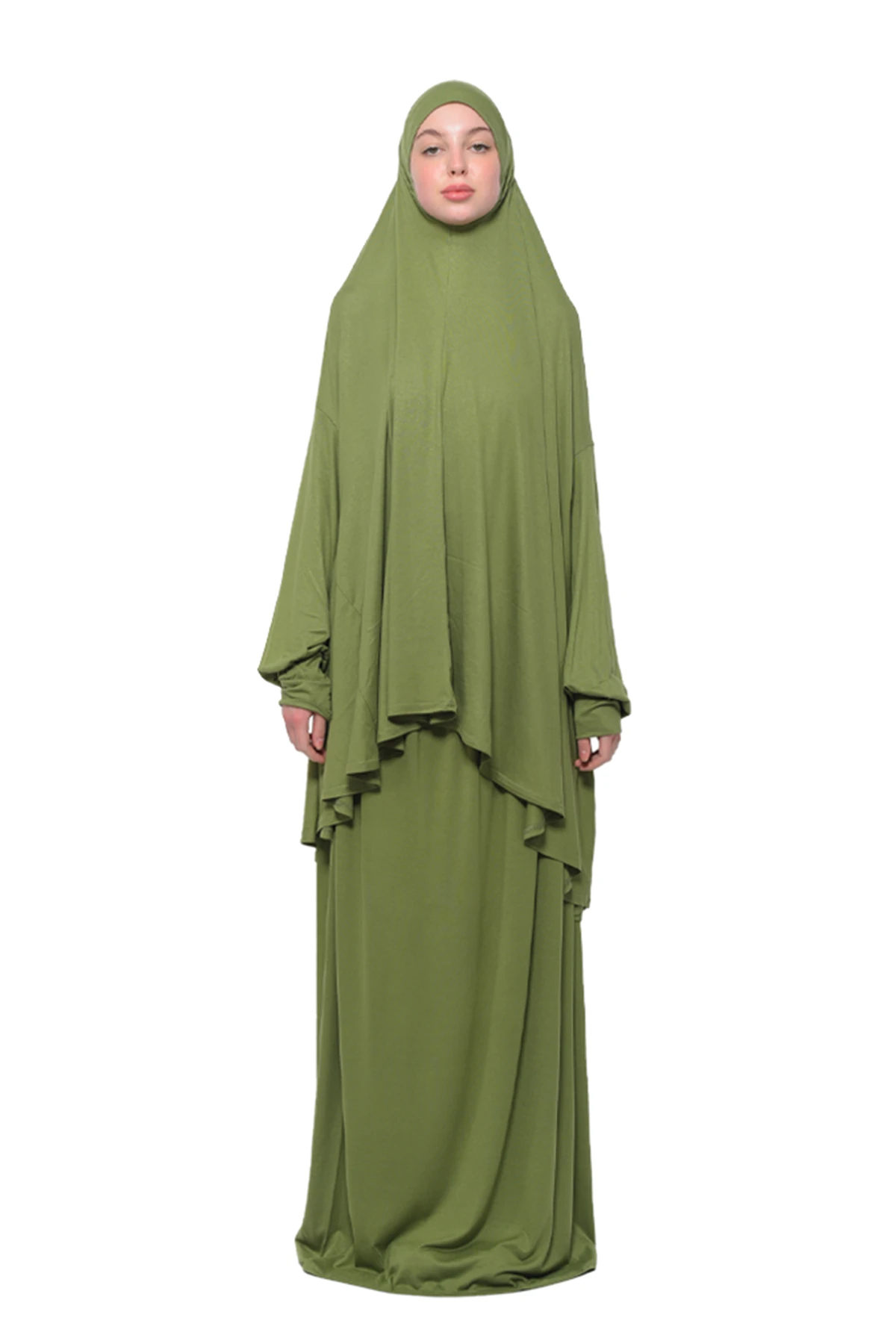 Pratik İki Parça Pamuklu Yarasa Kollu Başörtülü Organik Tesettür Namaz Elbisesi
