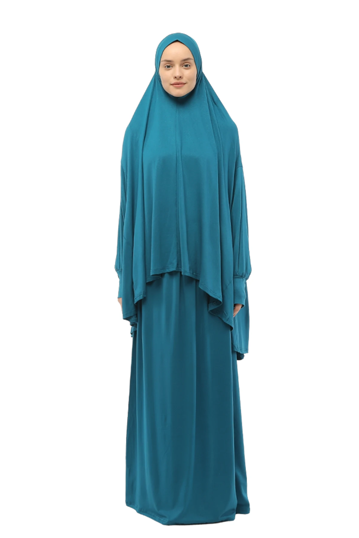 Pratik İki Parça Pamuklu Yarasa Kollu Başörtülü Organik Tesettür Namaz Elbisesi - Açık Petrol