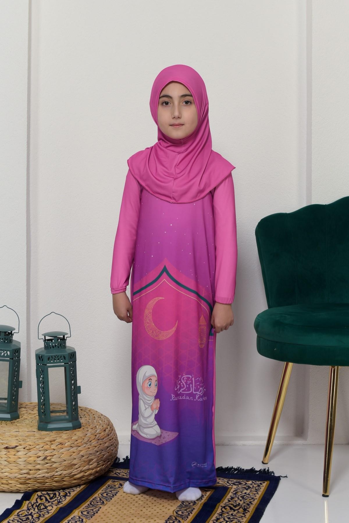 Çocuk Namaz Takımı Pratik Tek Parça Desenli Kollu Tak Çıkar Başörtülü Likralı Tesettür Elbise (6-12 Yaş) 925-0201