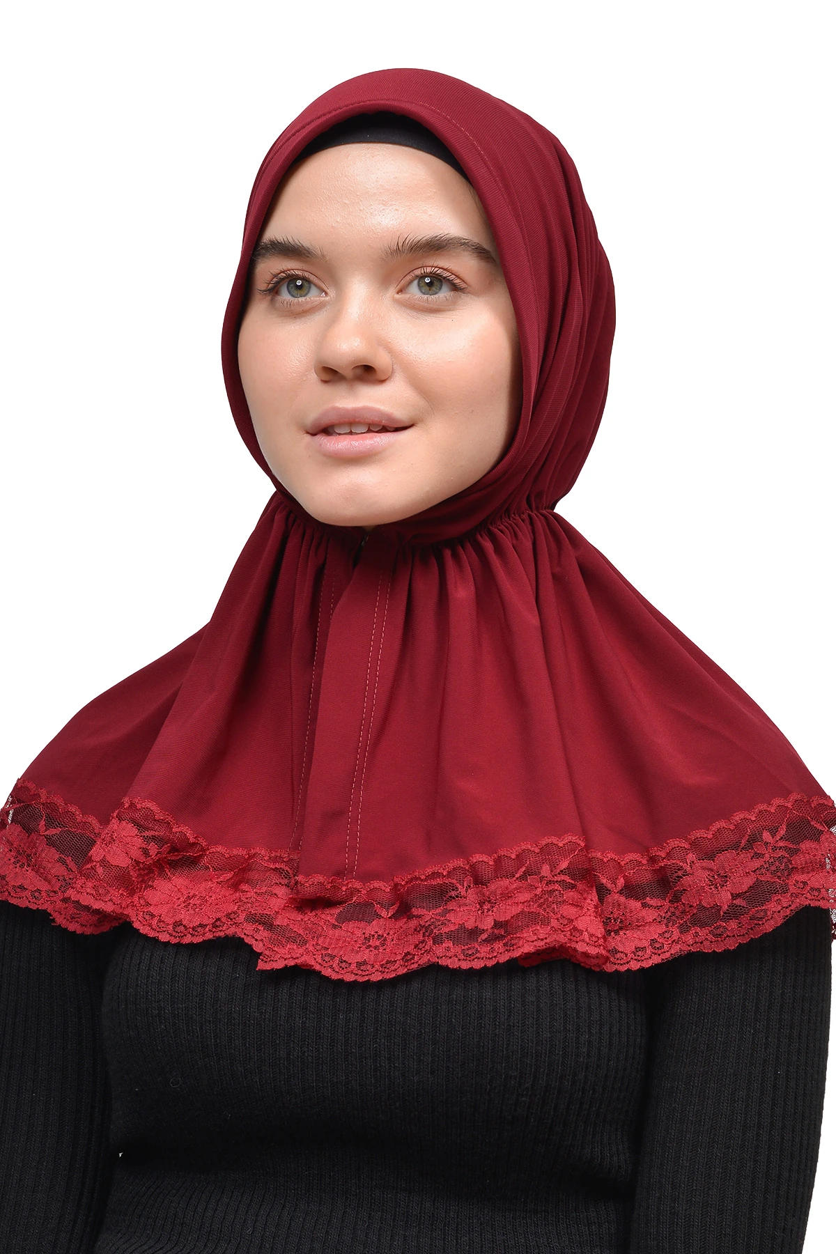 Dantelli Lastik Büzgülü Tela Bantlı Çıtçıtlı Hazır Türban Pratik Eşarp - Bordo
