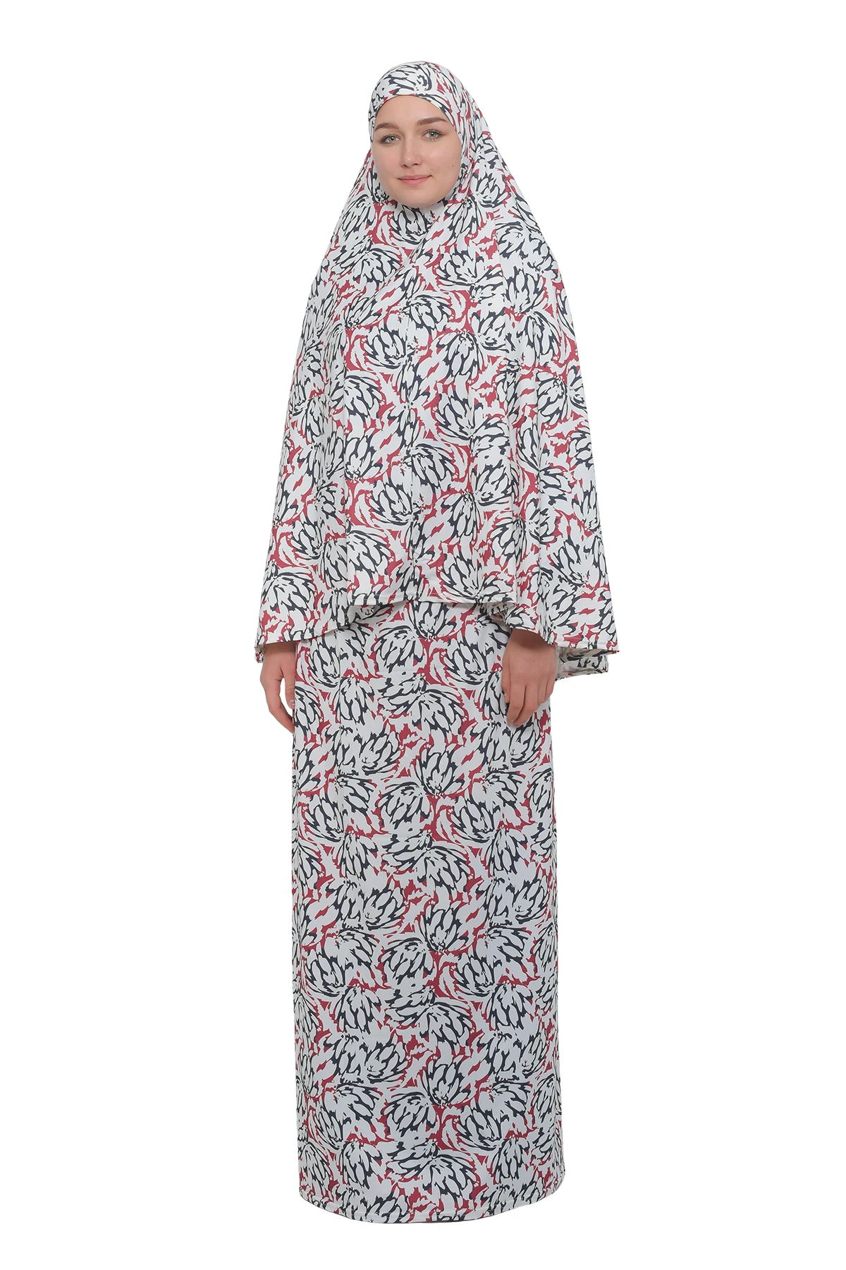Pratik İki Parça Desenli Başörtülü Likralı Tesettür Namaz Elbisesi 991-06-0611