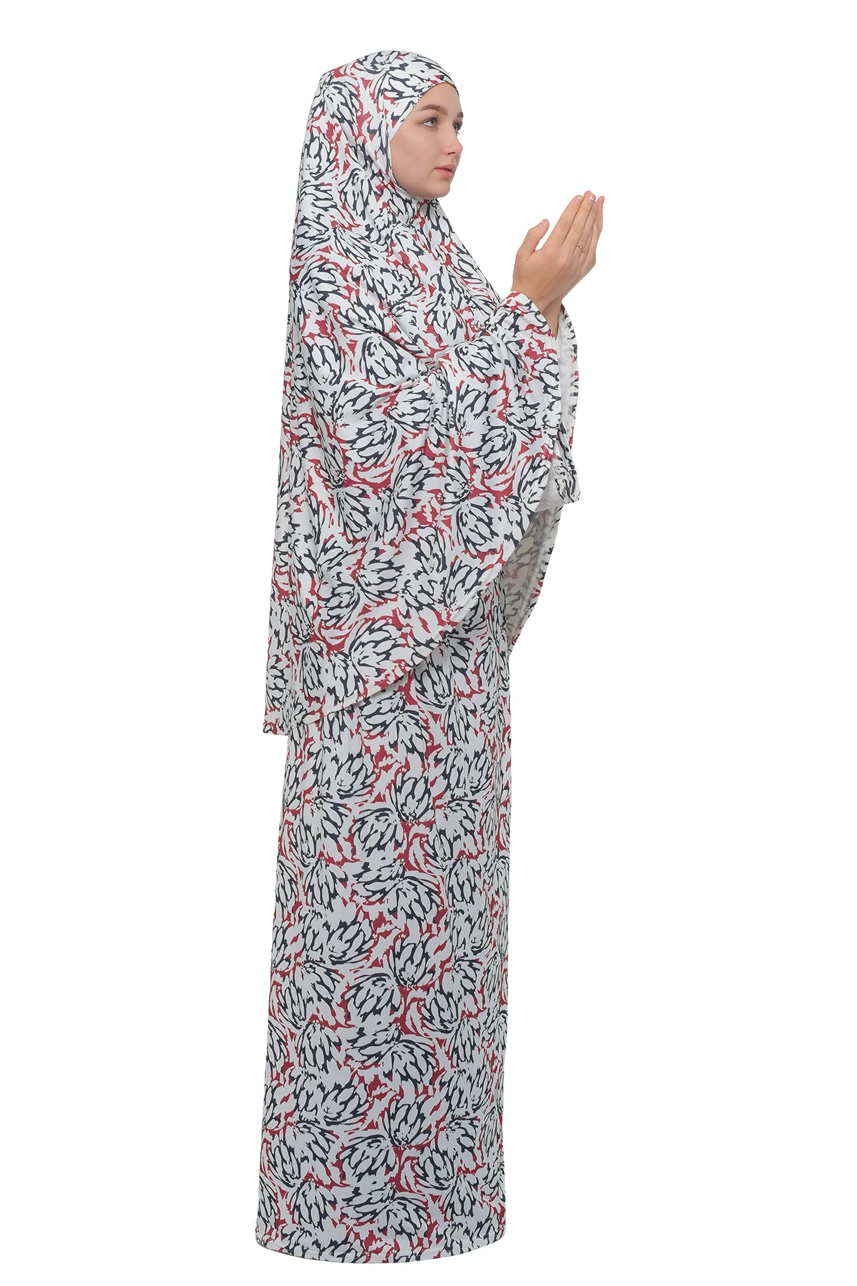 Pratik İki Parça Desenli Başörtülü Likralı Tesettür Namaz Elbisesi 991-06-0611