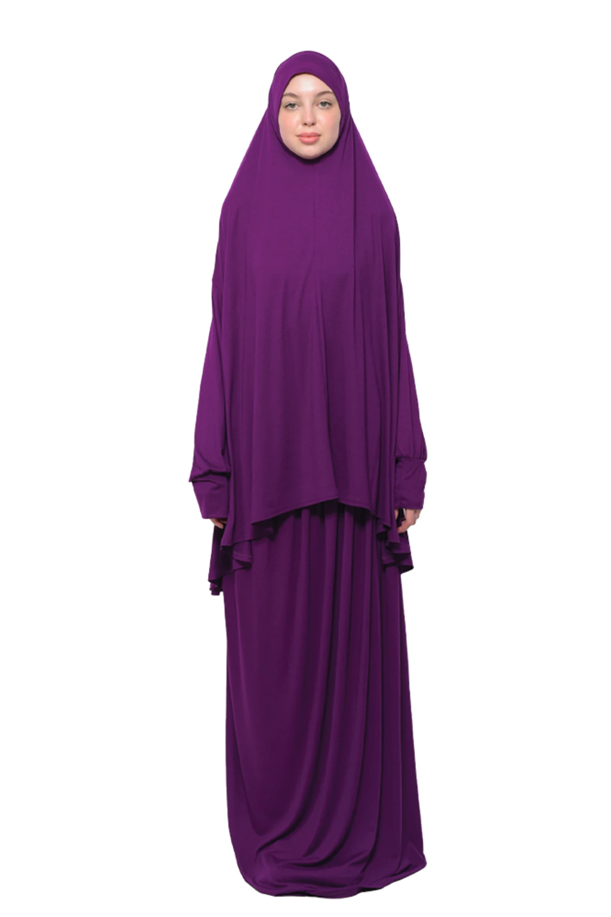 Pratik İki Parça Pamuklu Yarasa Kollu Başörtülü Organik Tesettür Namaz Elbisesi - Açık Mürdüm