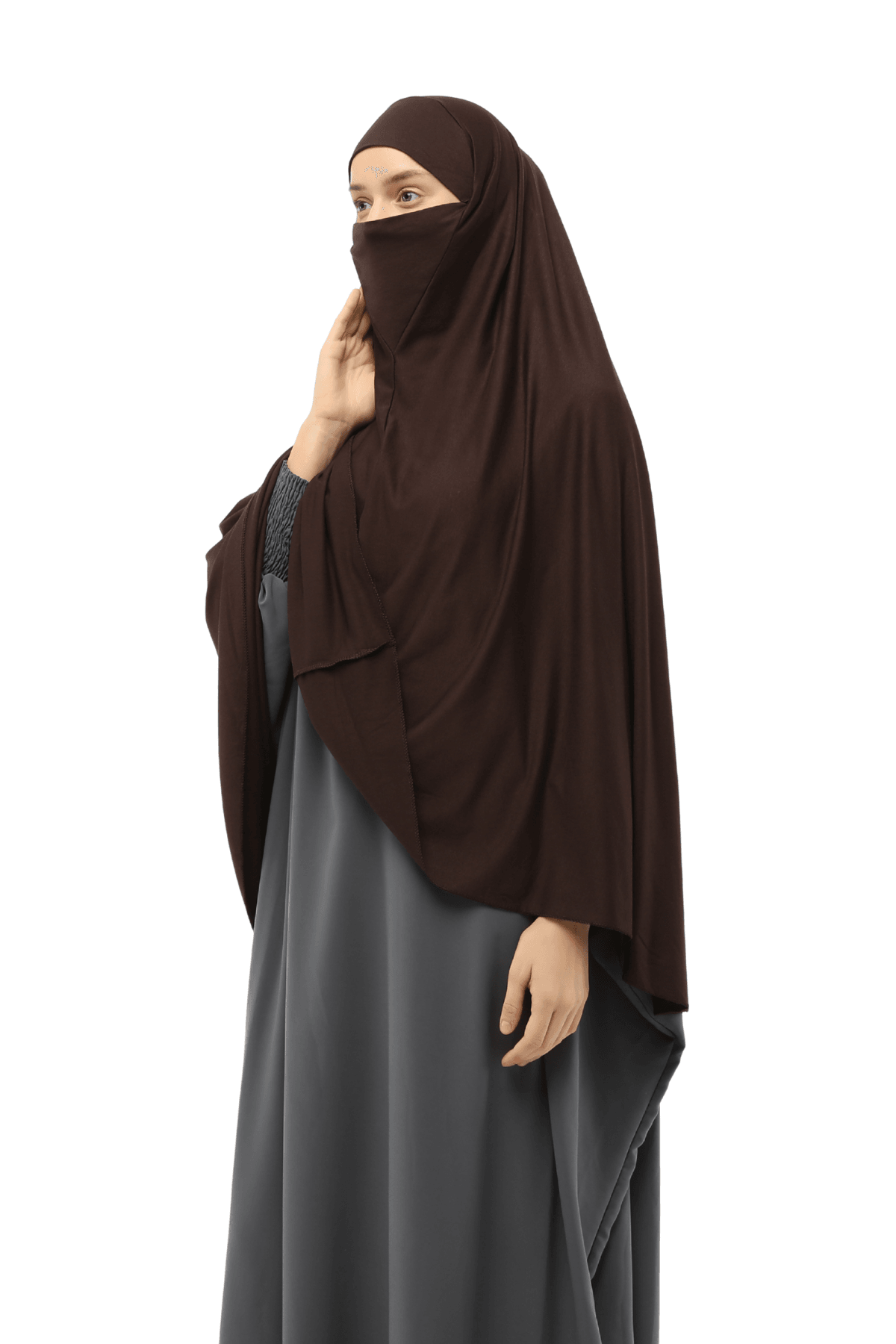 Hazır Türban Peçeli Pratik Eşarp Tesettür Nikaplı Hijab - Namaz Örtüsü Sufle (5XL) - Koyu Kahverengi