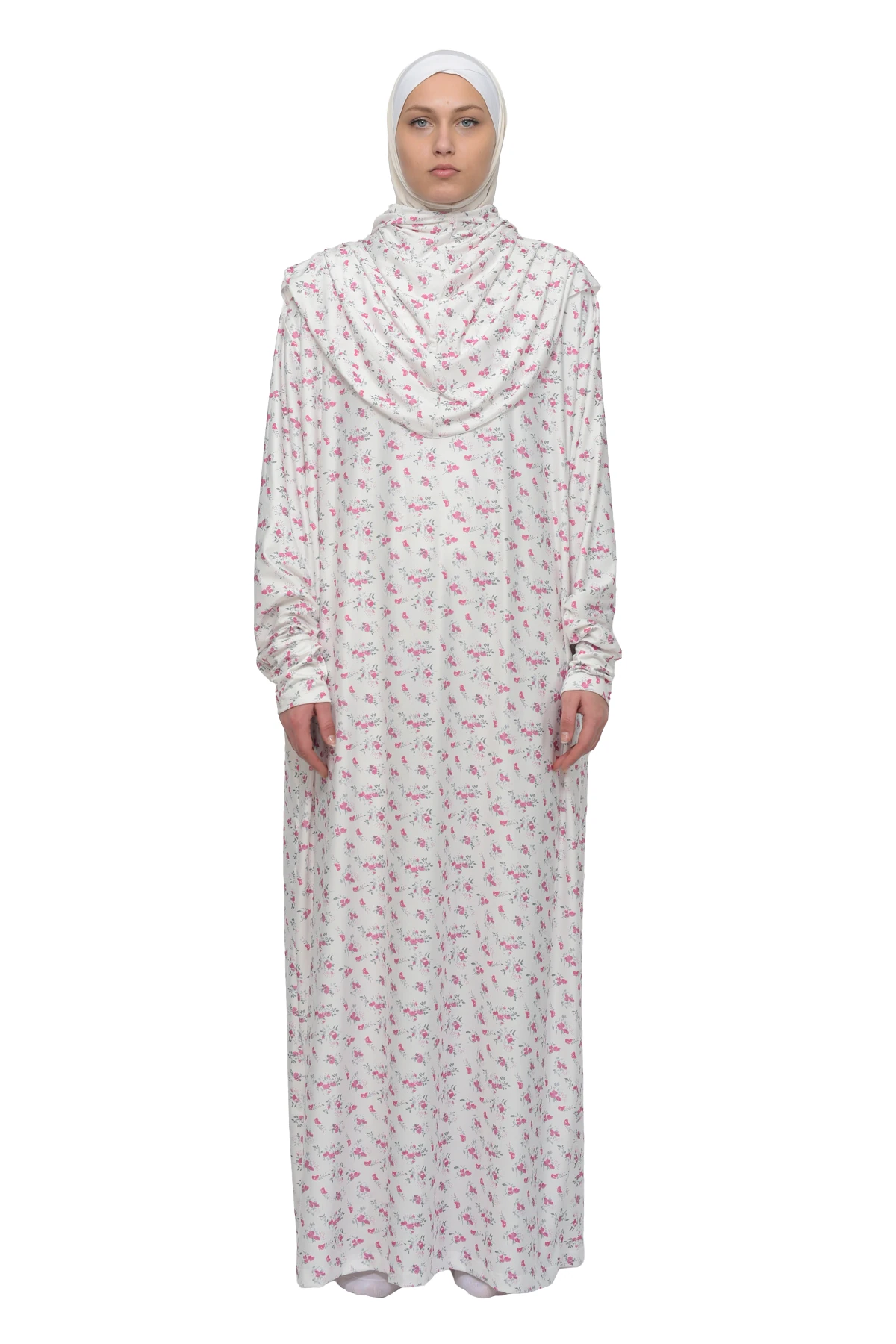 Pratik Tek Parça Çiçek Desenli Kollu Tak Çıkar Başörtülü Likralı Tesettür Namaz Elbisesi 990-0201