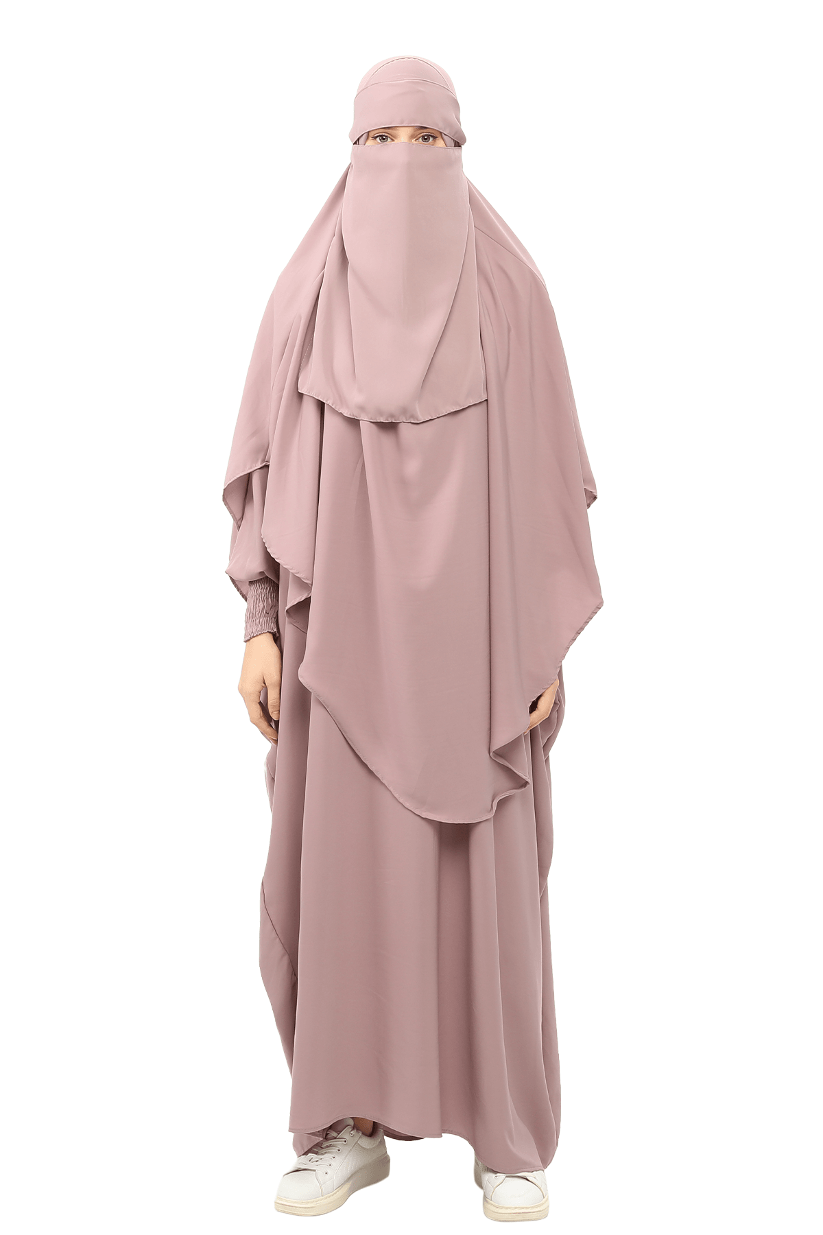 Sultanbaş Nikaplı Çarşaf Cilbab Khimar Abaya Kolu Lastikli Hakim Yaka Peçeli Ferace Medine İpek - Gül Kurusu