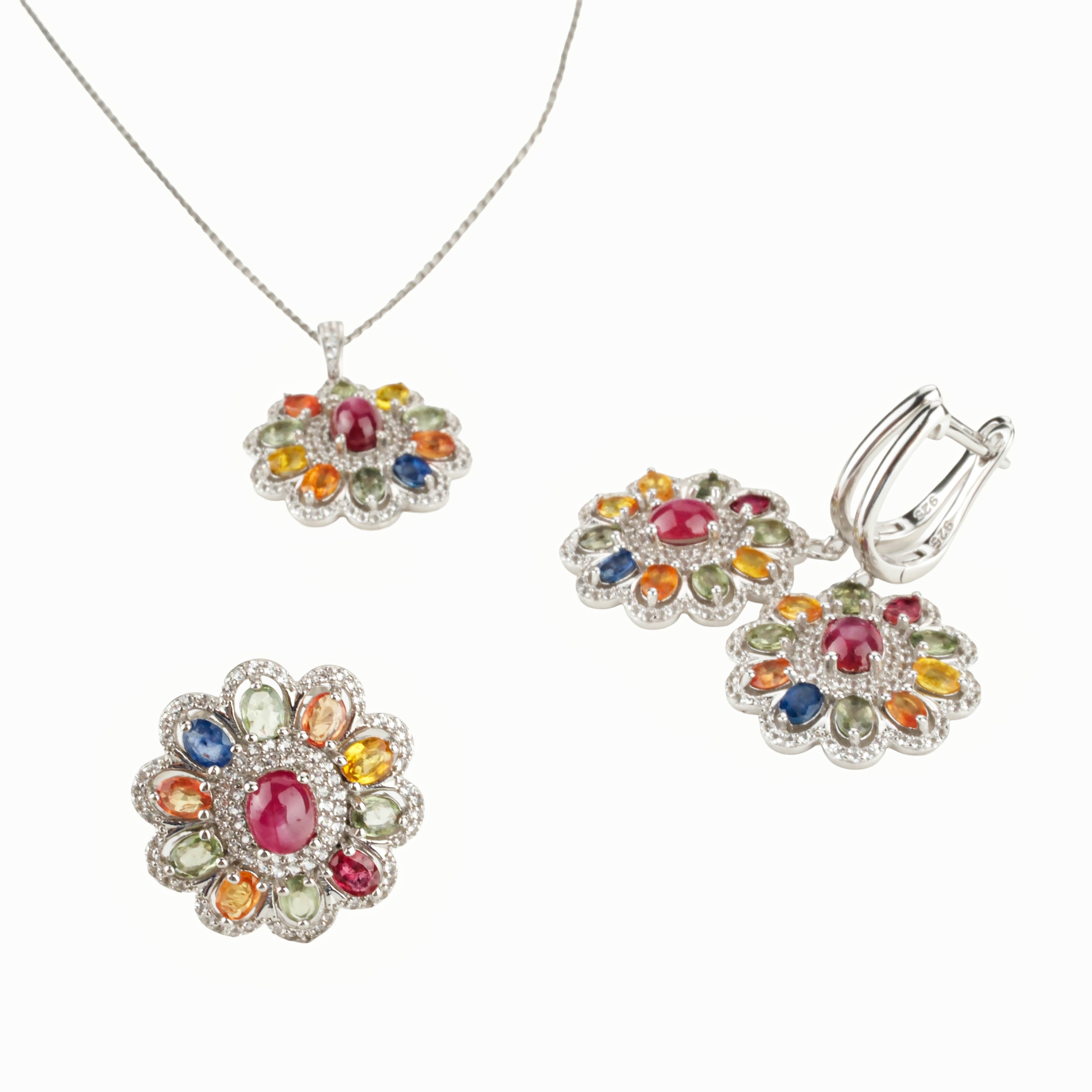 Yakut Safir Doğaltaş Gümüş Set