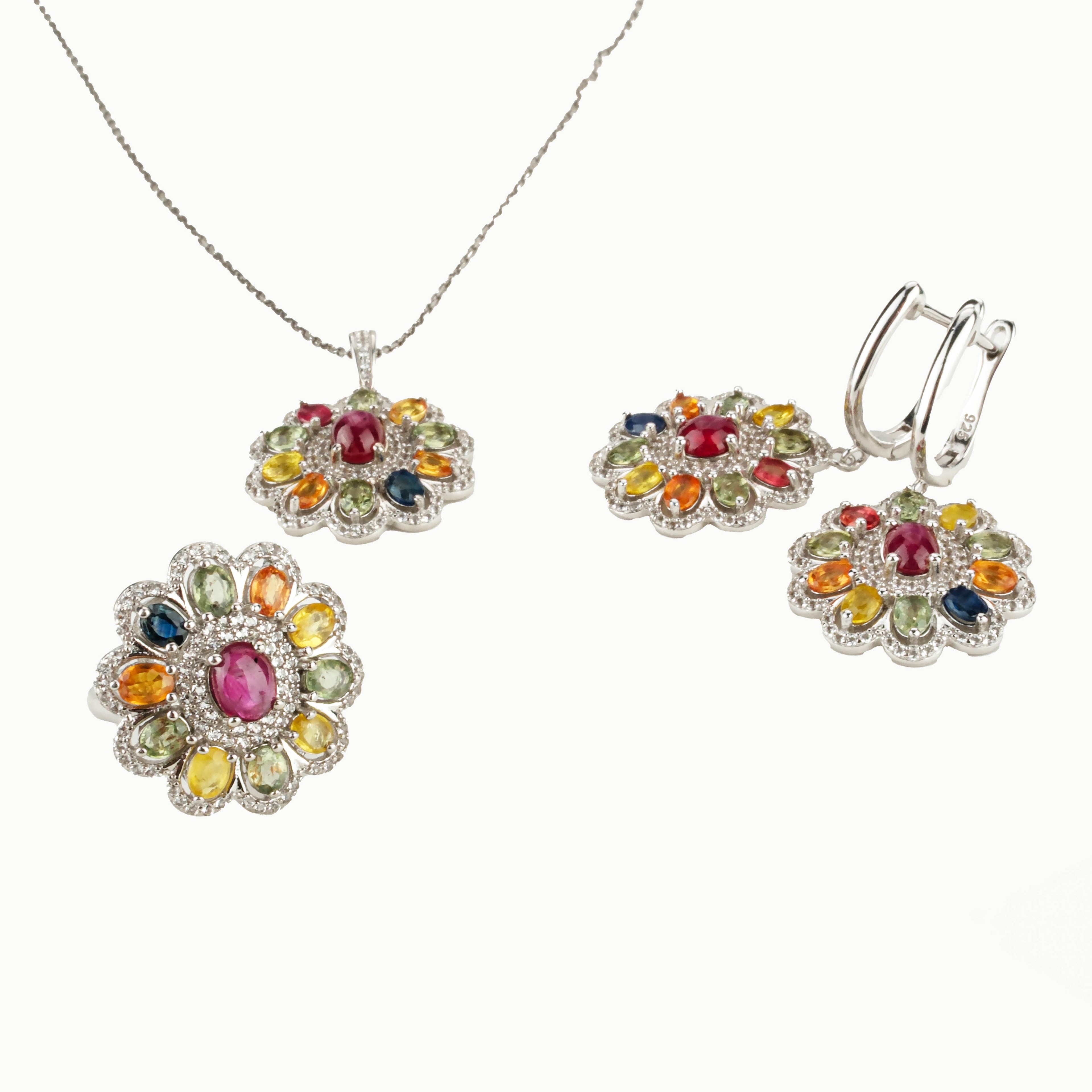 Safir Yakut Doğaltaş Gümüş Set