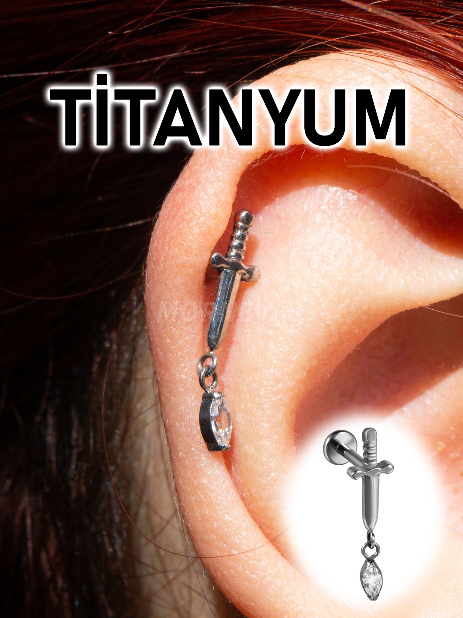 Titanyum Kristal Taş Sallantılı Kılıç Tragus Helix Kıkırdak Kulak Piercingi (1 Adet)