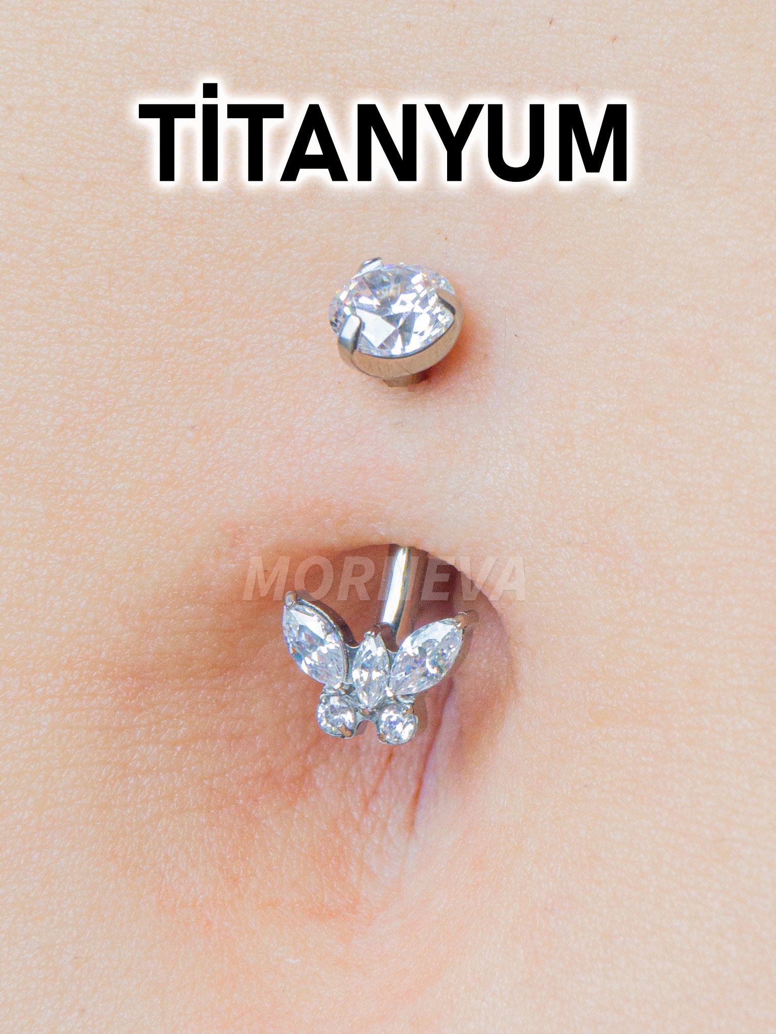 Titanyum Kristal Kelebek Taşlı Minimal Göbek Belly Piercingi