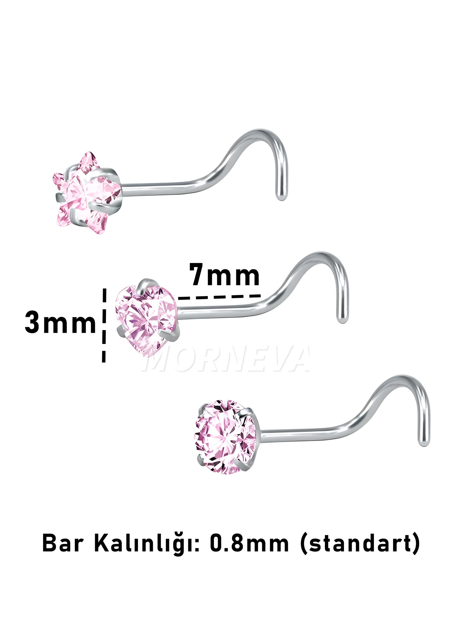 Cerrahi Çelik | Kalp,Yıldız,Daire Taşlı Spiral Kancalı Burun Piercingi 3lü Hızma Set - Pembe