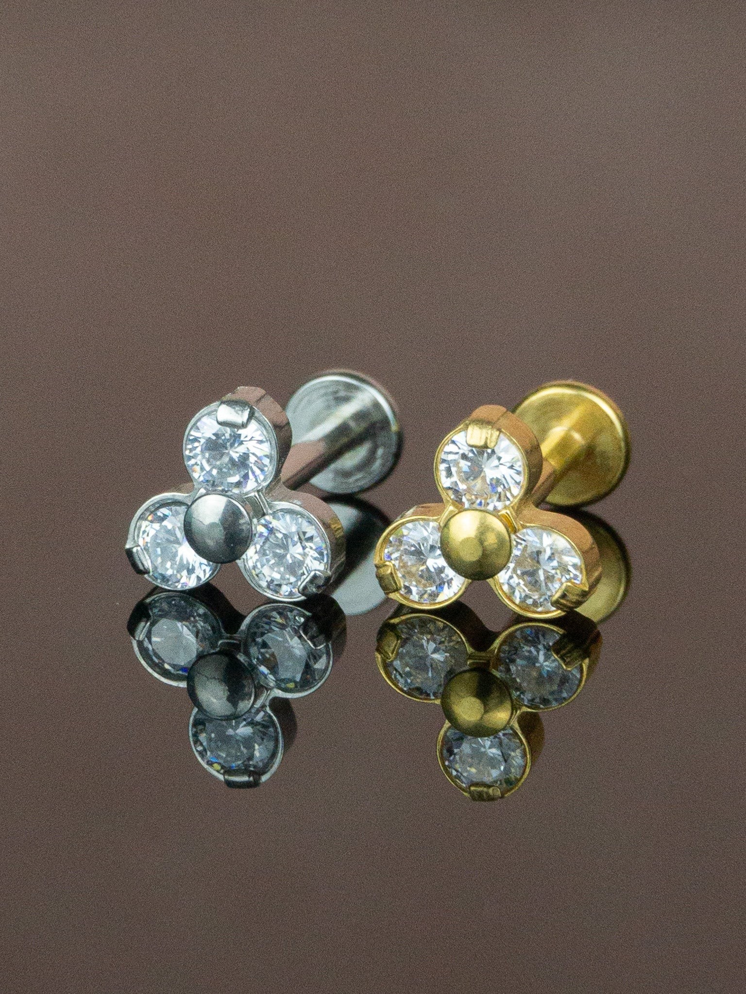 3 Taş Kristal Ortası Nokta Labret Düz Tragus Piercing