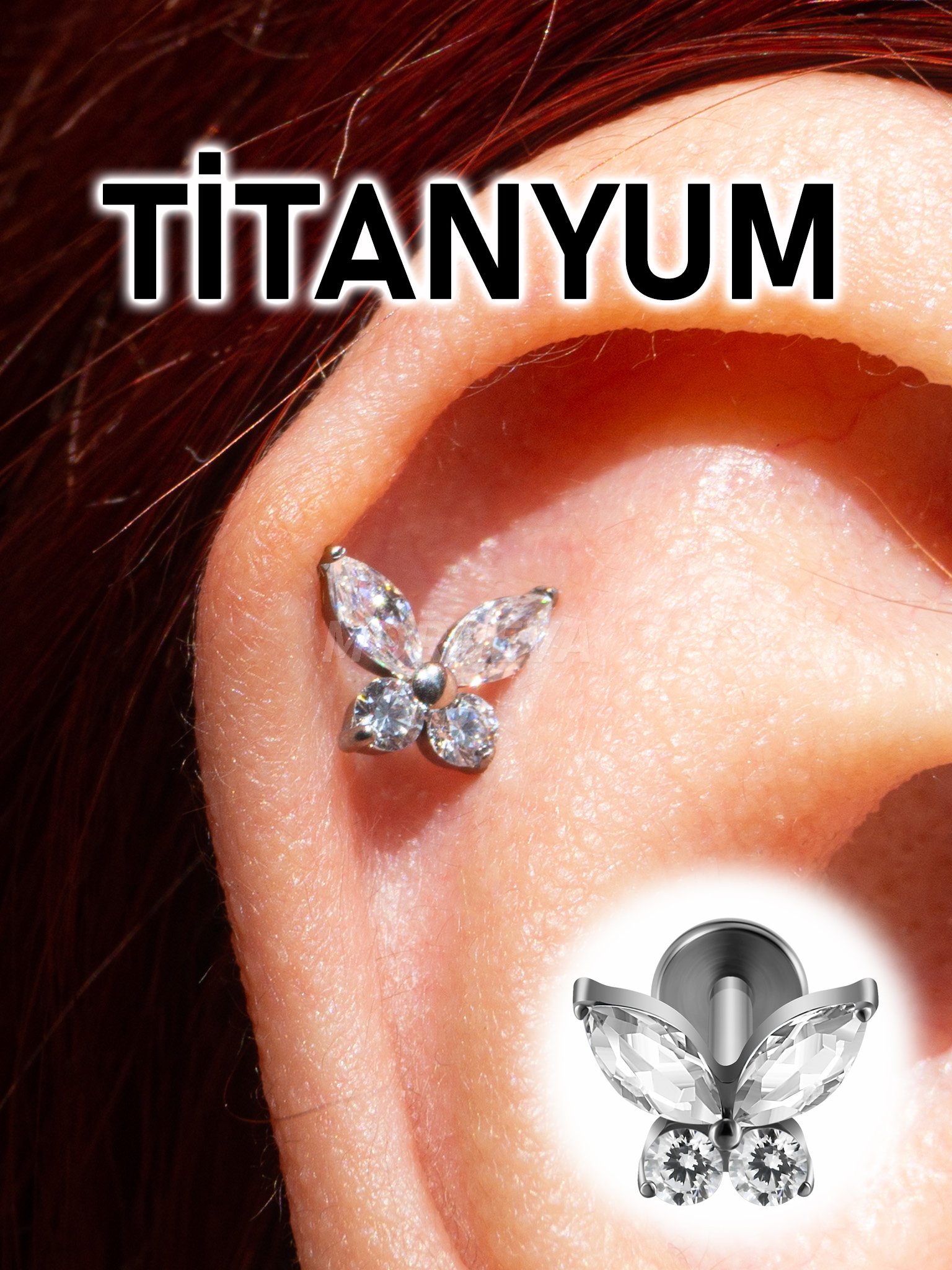 Titanyum Kristal Taşlı Kelebek Tragus Helix Conch Kıkırdak Kulak Piercingi (1 Adet)