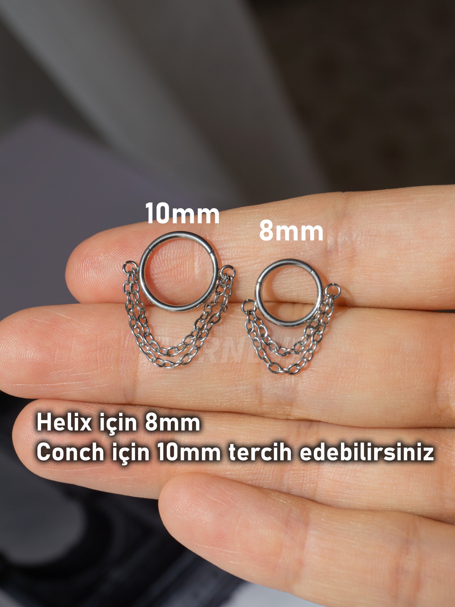 Cerrahi Çelik Zincir Sallantılı Klipsli Tam Halka Helix Conch Piercingi (1 Adet)