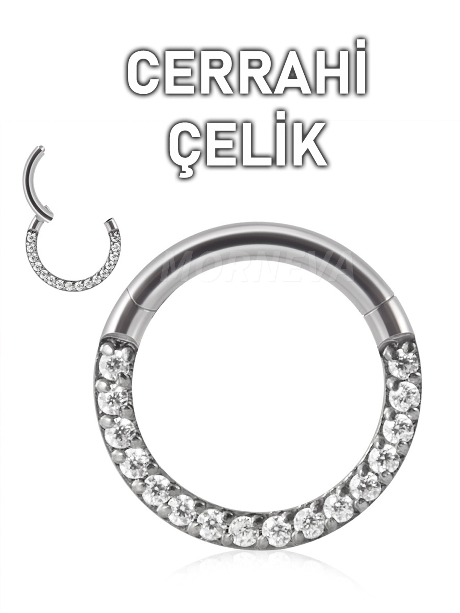 Cerrahi Çelik Yan Sıra Tam Tur Taşlı Klipsli Halka Septum Daith Piercingi (1 Adet)