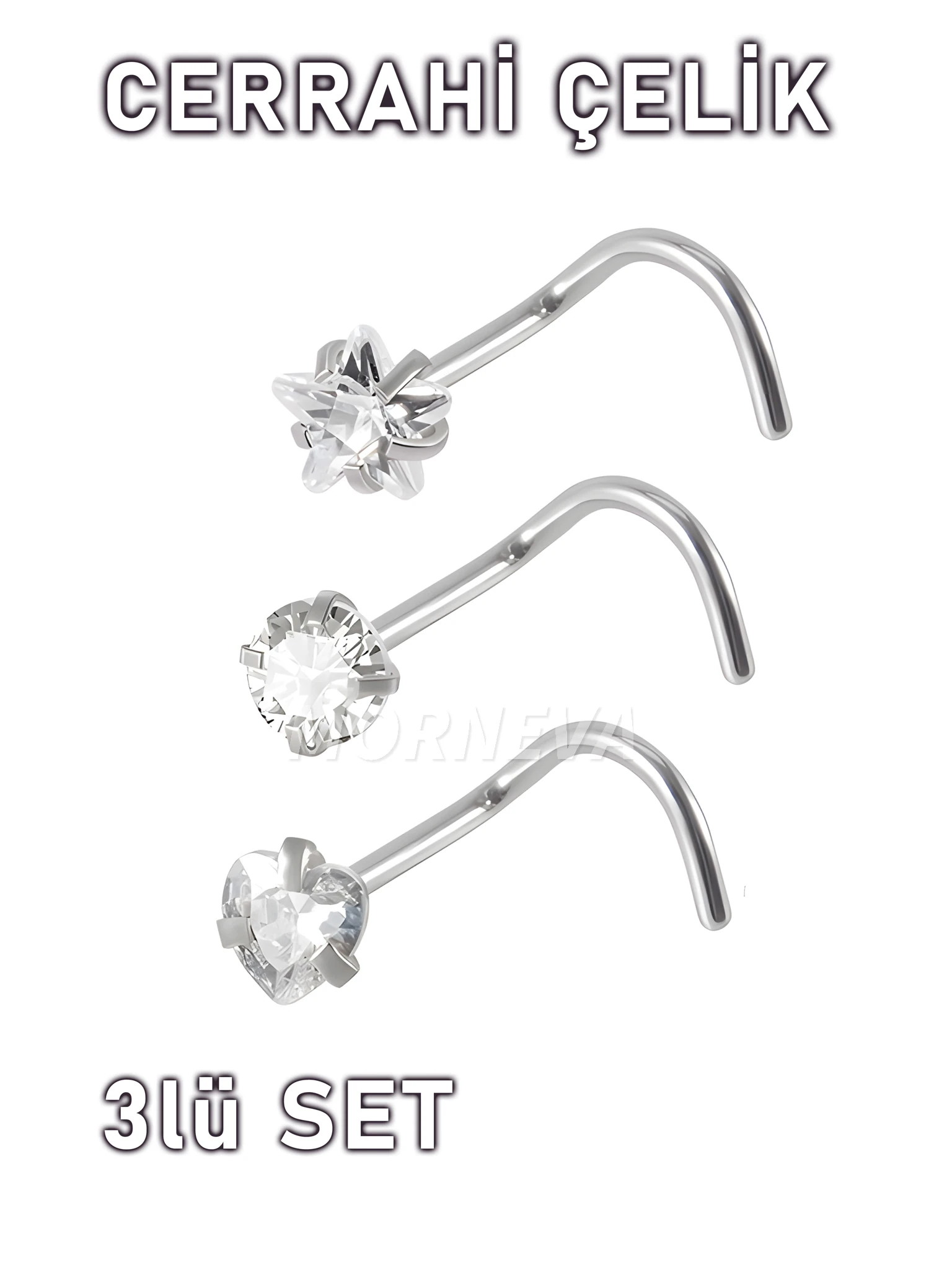 Cerrahi Çelik | Kalp,Yıldız,Daire Taşlı Spiral Kancalı Burun Piercingi Hızma Set - Gümüş 3lü Set