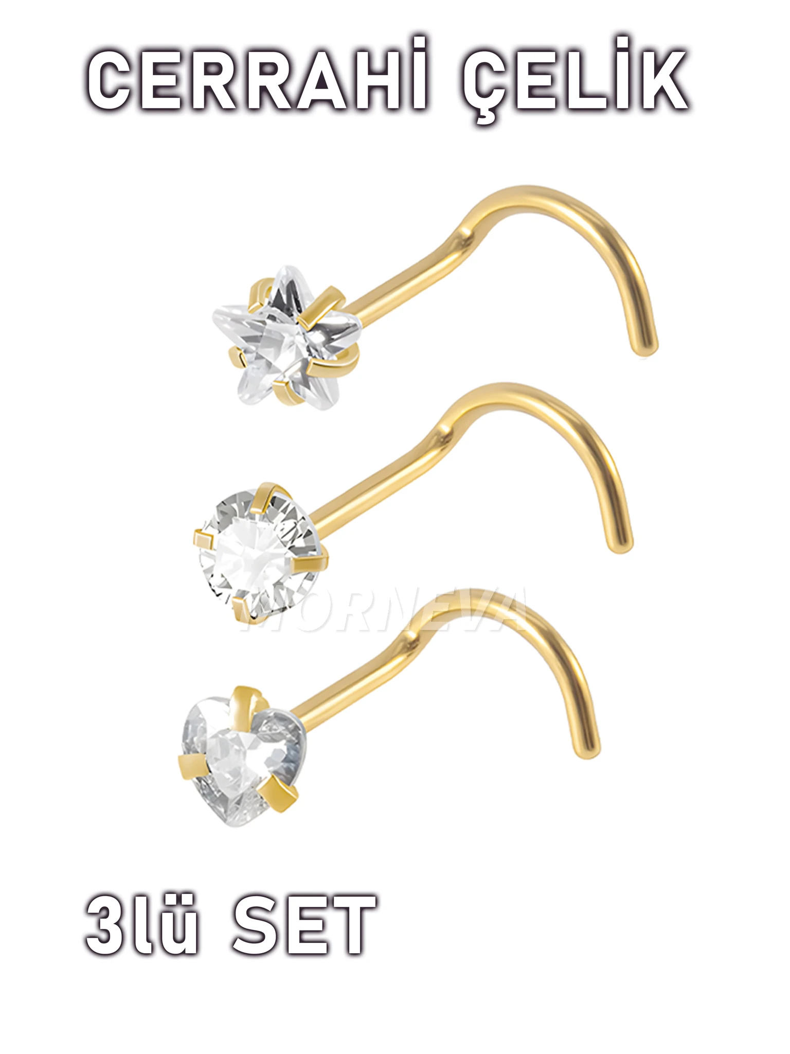 Cerrahi Çelik | Kalp,Yıldız,Daire Taşlı Spiral Kancalı Burun Piercingi Hızma Set - Altın 3lü Set