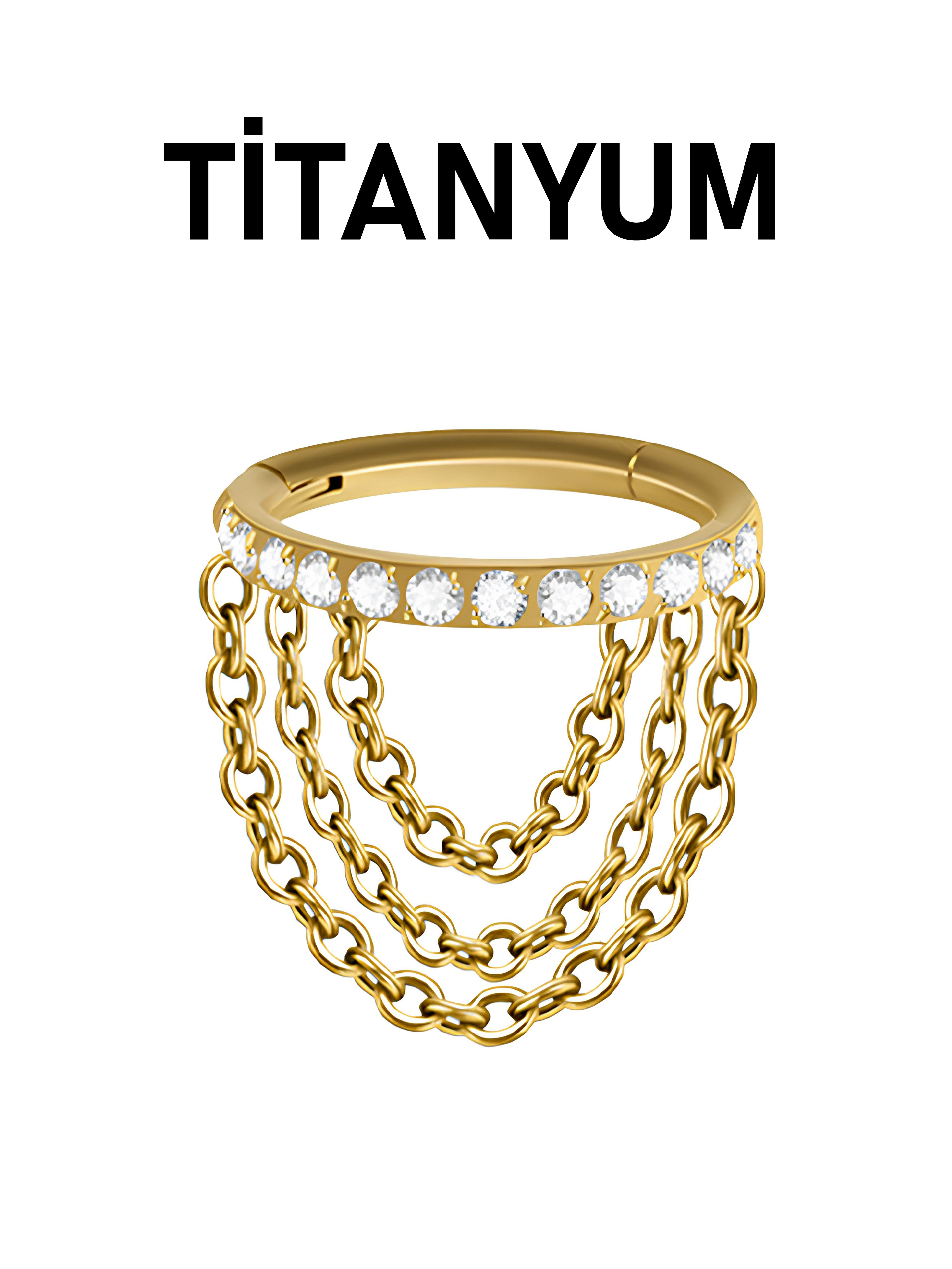 Titanyum Tam Tur Taşlı Halka Üç Sıra Zincir Sallantılı Helix Piercingi (1 Adet)