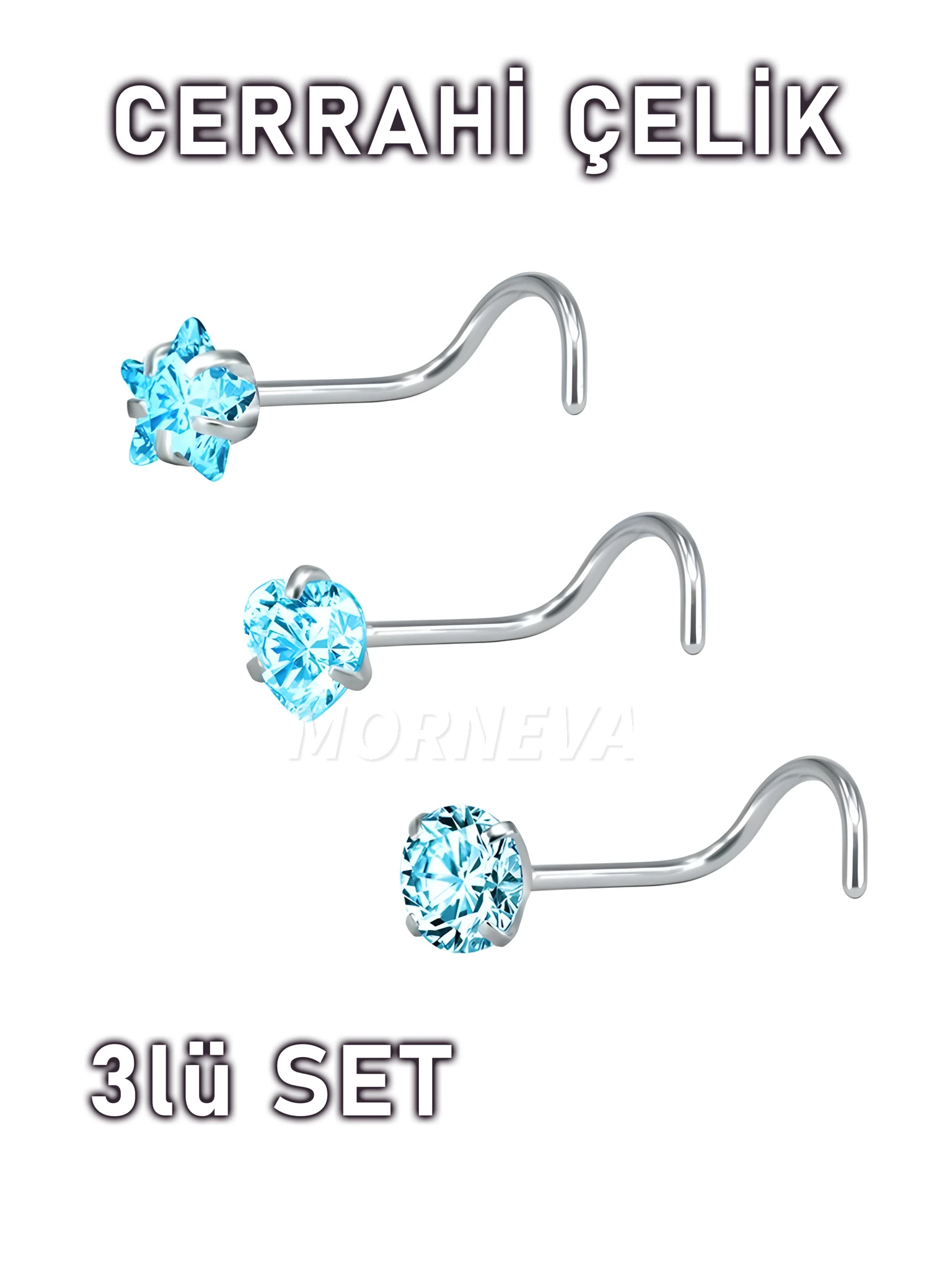 Cerrahi Çelik | Kalp,Yıldız,Daire Taşlı Spiral Kancalı Burun Piercingi 3lü Hızma Set - Mavi