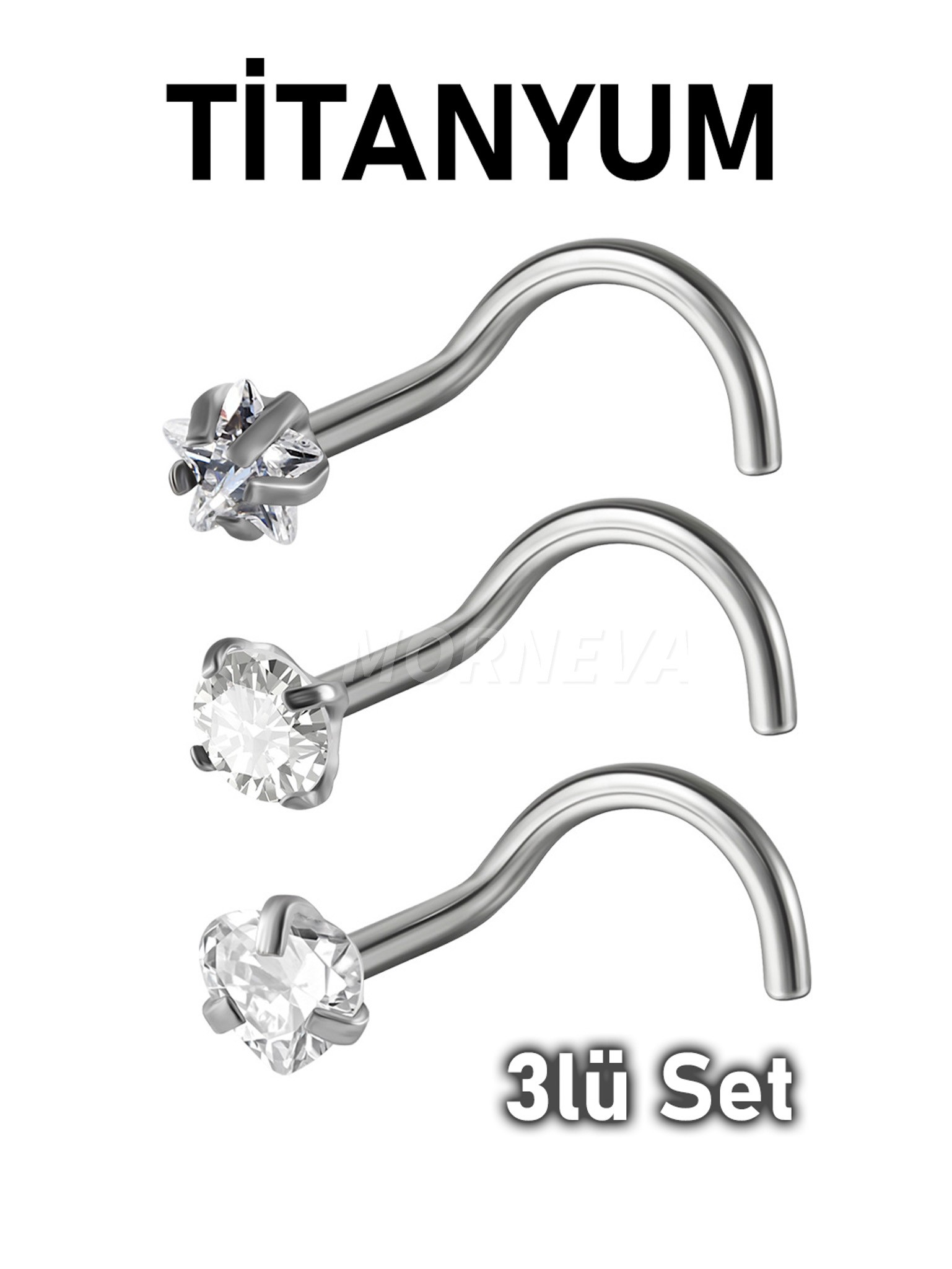 Titanyum | Kristal Kalp,Yıldız,Daire Taşlı Spiral Kancalı Burun Piercingi Hızma Set - 3lü Set