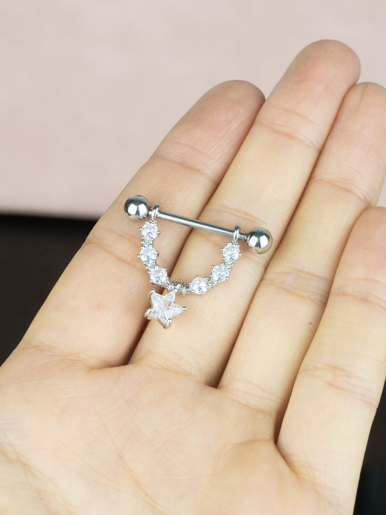 Zirkon Taşlar Yıldız Sallantı Çelik Meme Ucu Nipple Piercingi 1.6mm Bar 1 Adet