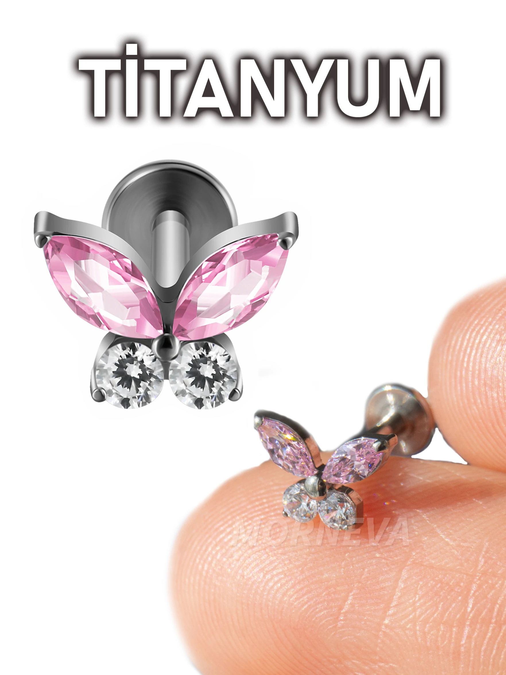Titanyum Kristal Taşlı Kelebek Tragus Helix Conch Kıkırdak Kulak Piercingi (1 Adet) - Pembe