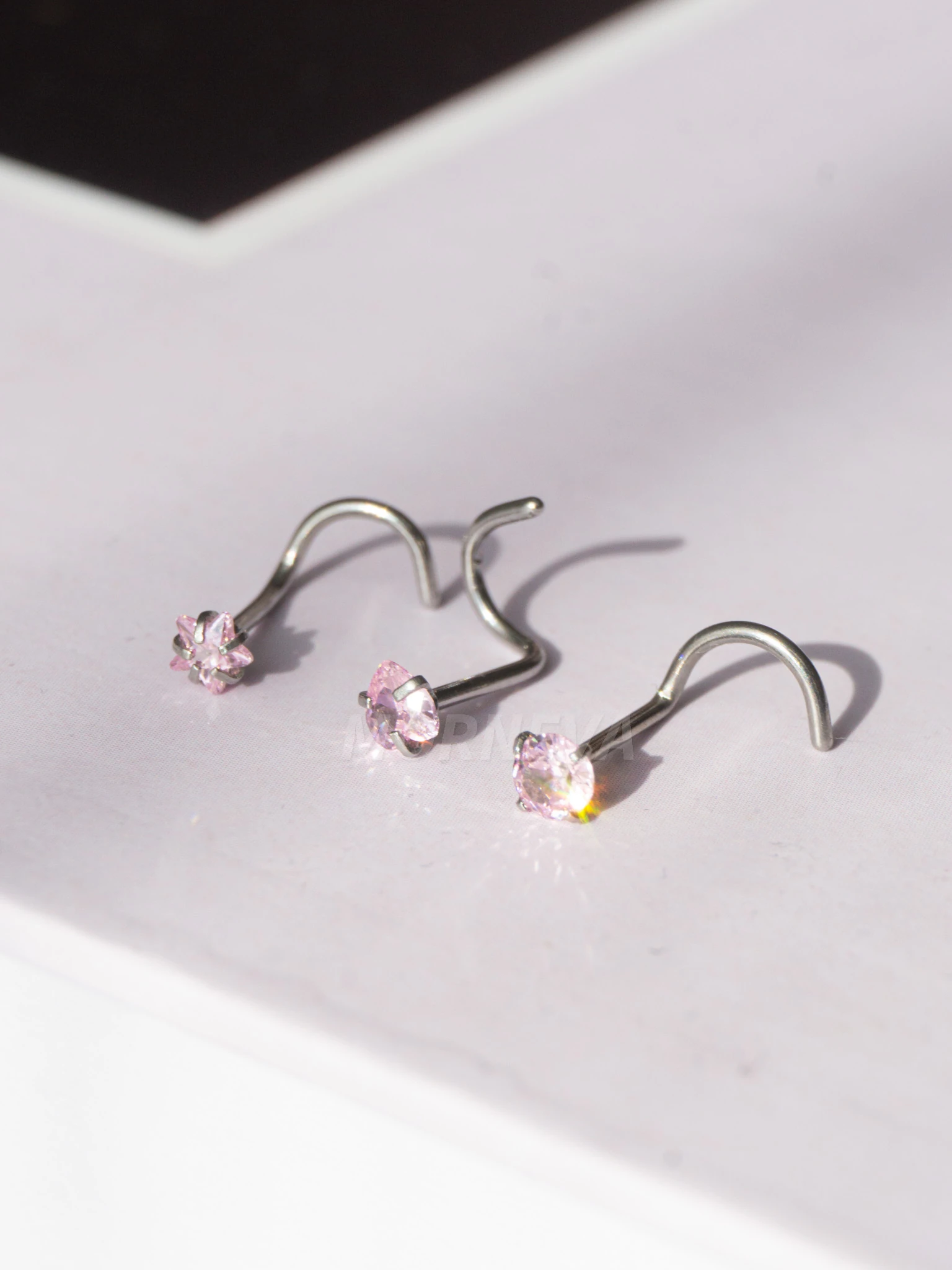 Cerrahi Çelik | Kalp,Yıldız,Daire Taşlı Spiral Kancalı Burun Piercingi 3lü Hızma Set - Pembe