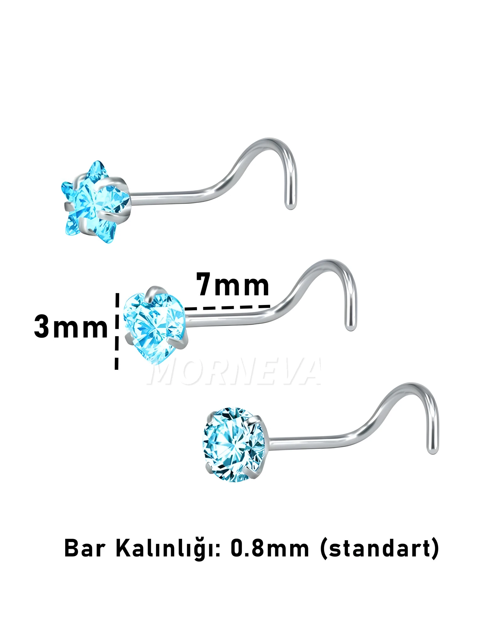 Cerrahi Çelik | Kalp,Yıldız,Daire Taşlı Spiral Kancalı Burun Piercingi 3lü Hızma Set - Mavi
