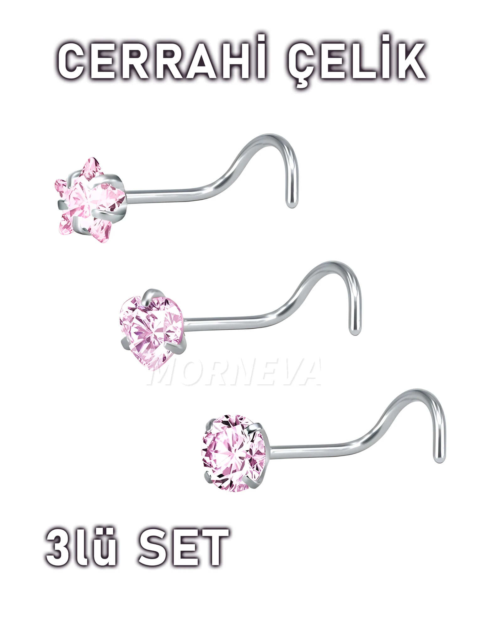 Cerrahi Çelik | Kalp,Yıldız,Daire Taşlı Spiral Kancalı Burun Piercingi 3lü Hızma Set - Pembe