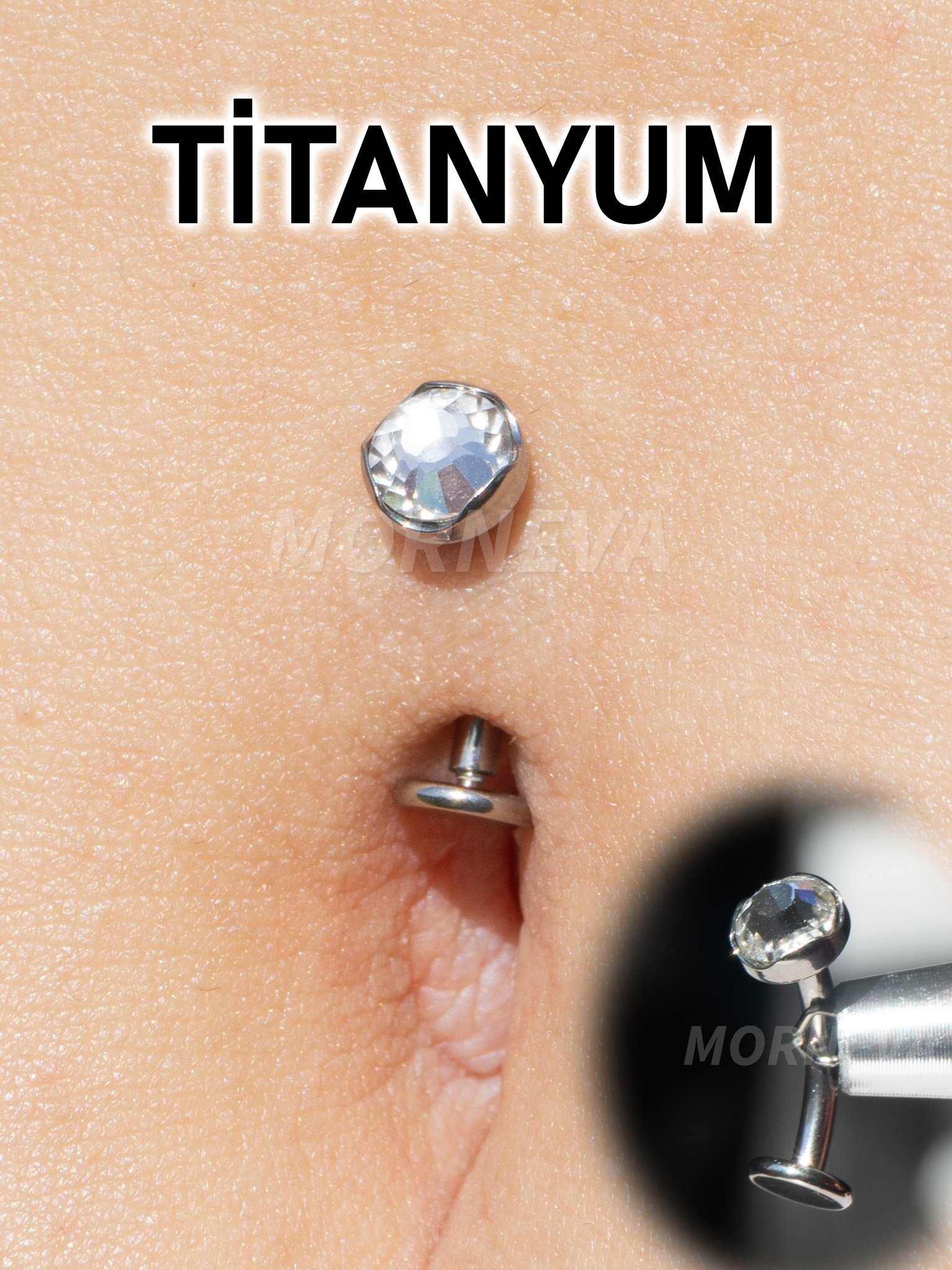 Titanyum Kristal Taş Uçan Göbek Ters Belly Piercingi 
