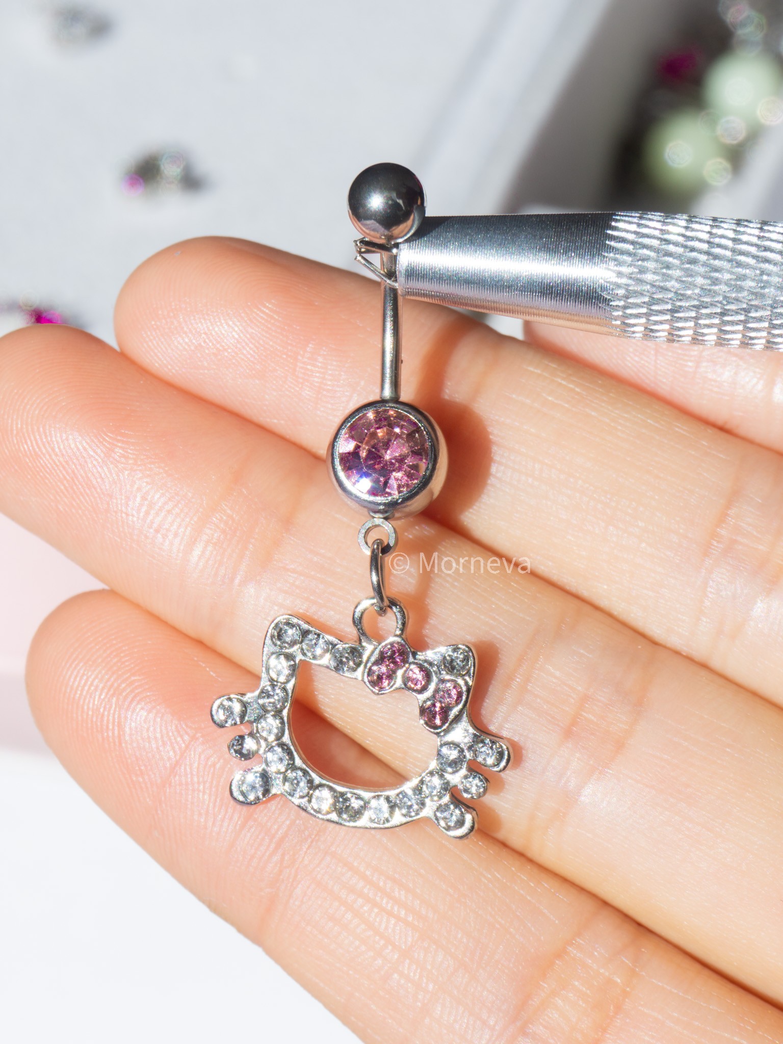Büyük Sallantılı Pembe Hello Kitty Çelik Göbek Belly Piercingi