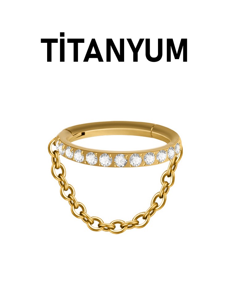 Titanyum Tam Tur Taşlı Halka Tek Sıra Zincir Sallantılı Helix Piercingi (1 Adet)