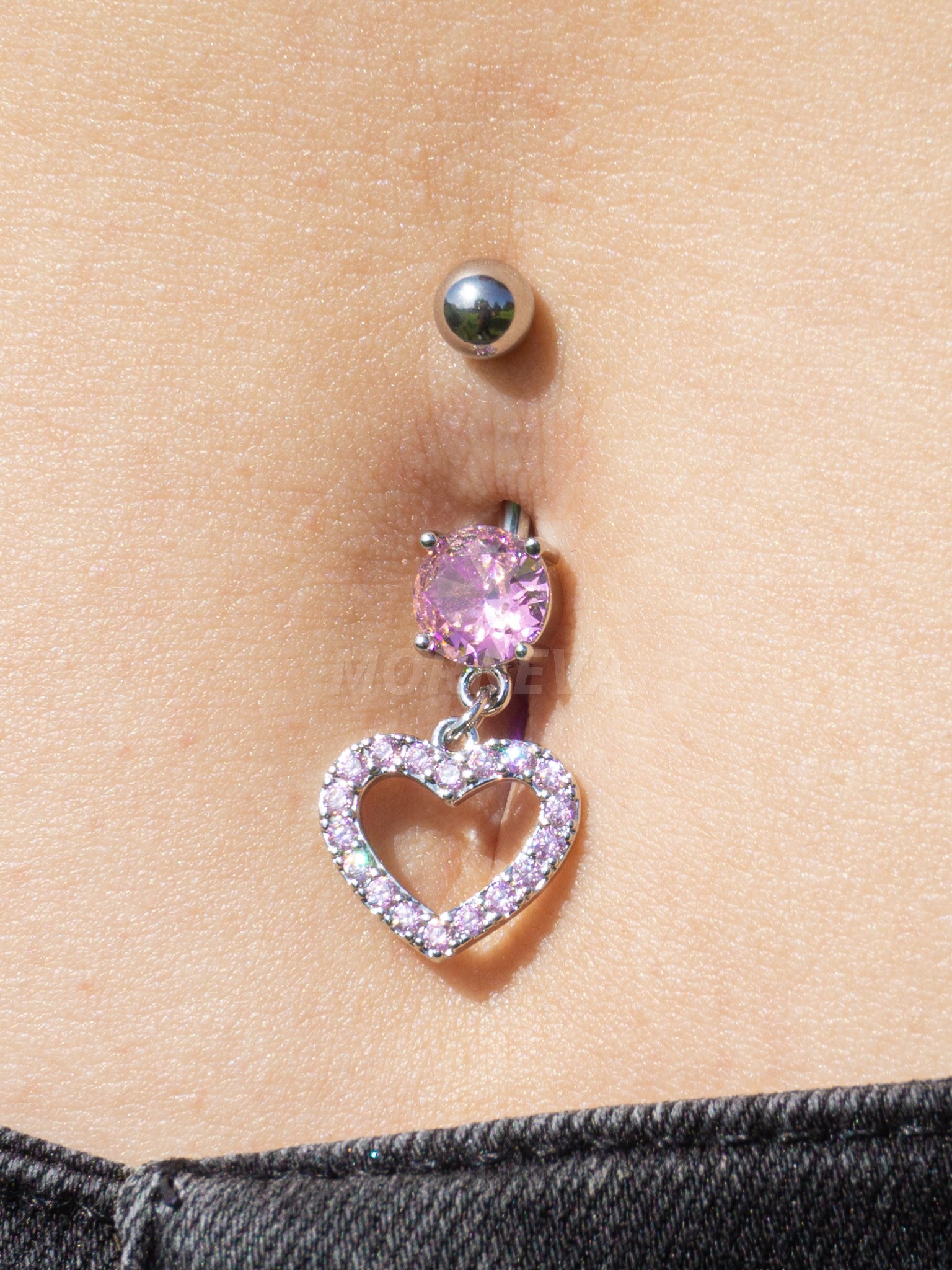 Pembe Zirkon Çember Kalp Sallantı Çelik Göbek Belly Piercingi