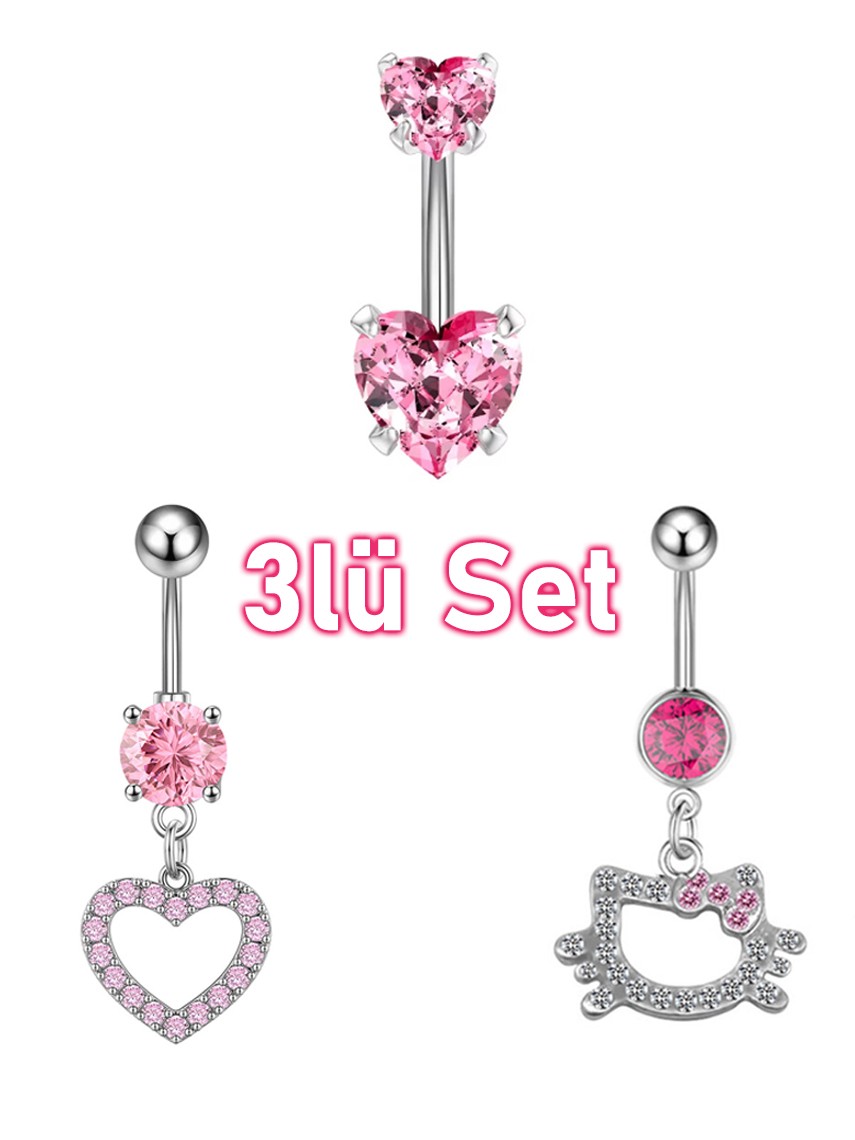 Pembe Kalp Hello Kitty Göbek Belly Piercingi Aşko Set (3 Adet)