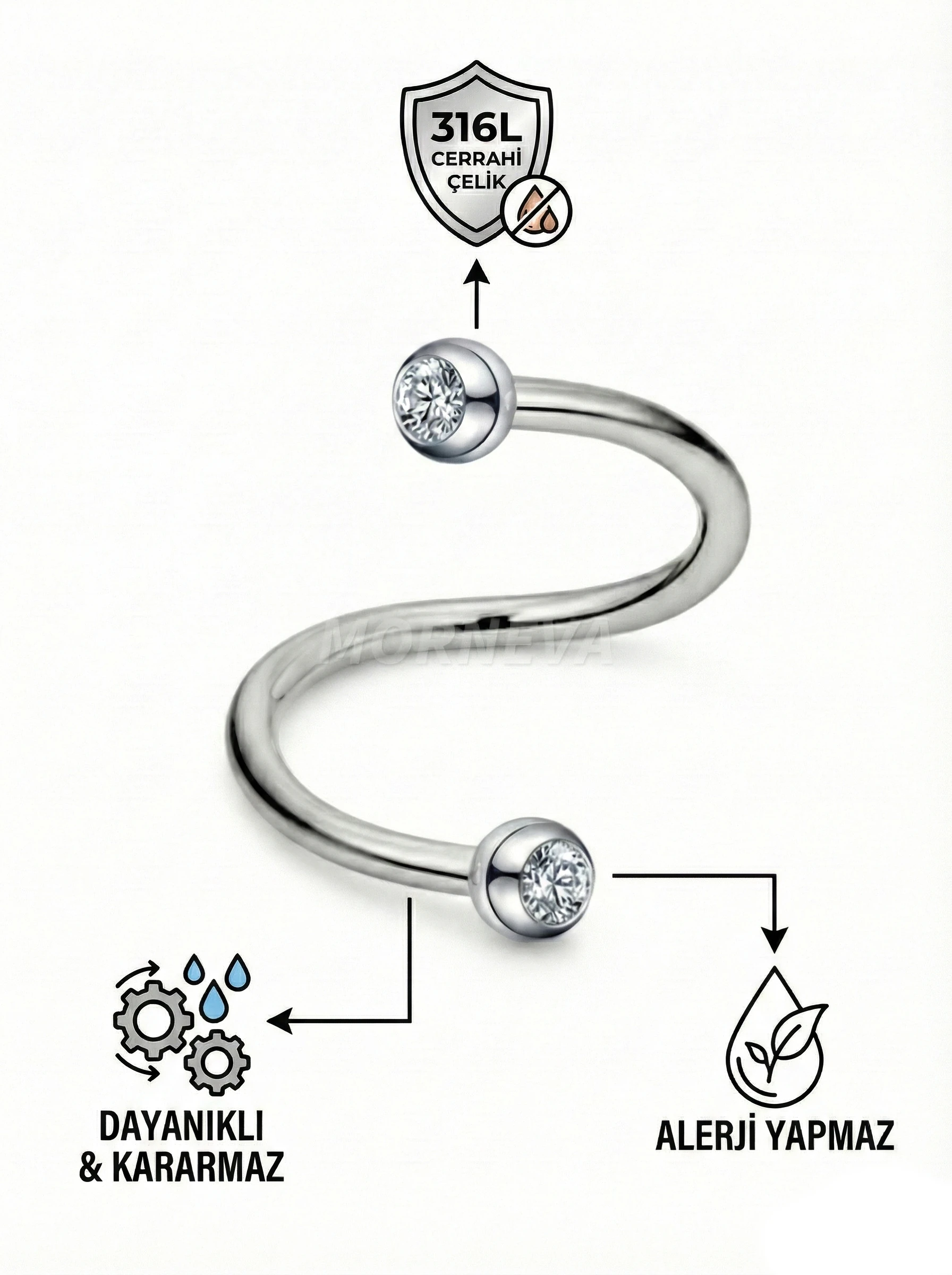 Cerrahi Çelik Taşlı Spiral Kulak Helix Conch Tragus Piercingi (1 Adet)