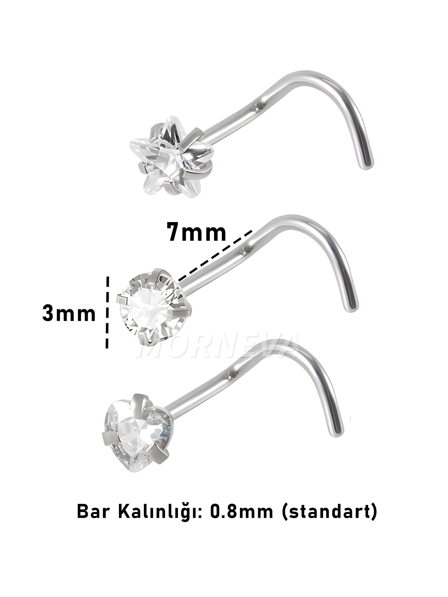 Cerrahi Çelik | Kalp,Yıldız,Daire Taşlı Spiral Kancalı Burun Piercingi Hızma Set - Gümüş 3lü Set