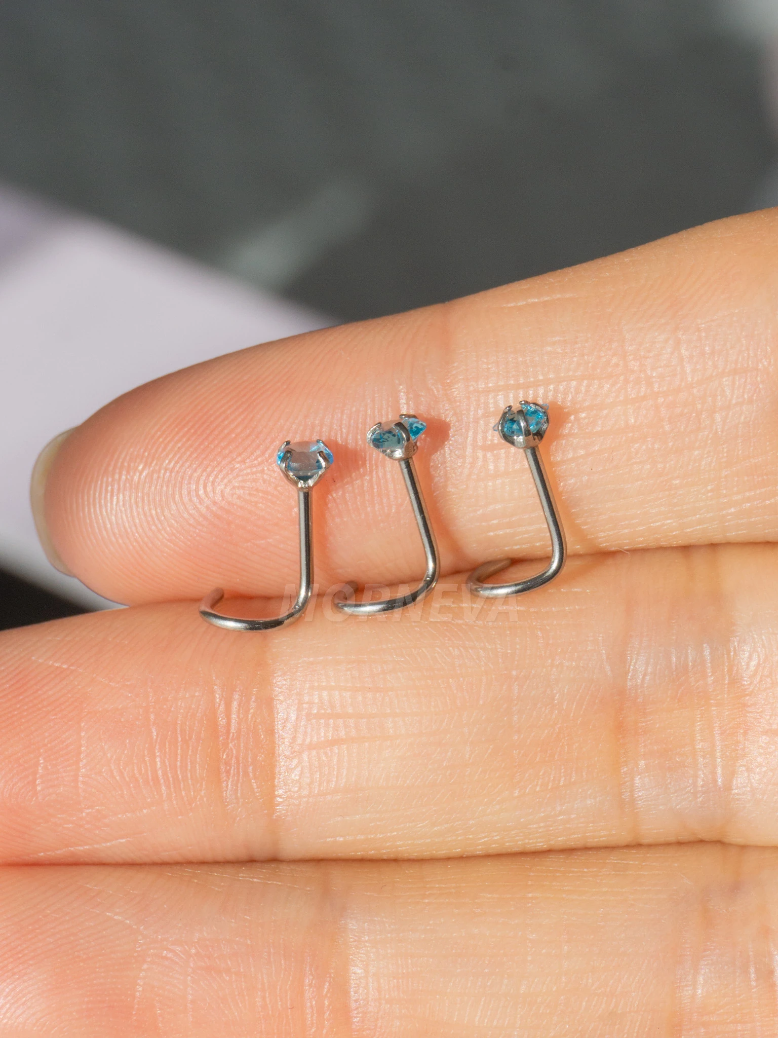 Cerrahi Çelik | Kalp,Yıldız,Daire Taşlı Spiral Kancalı Burun Piercingi 3lü Hızma Set - Mavi