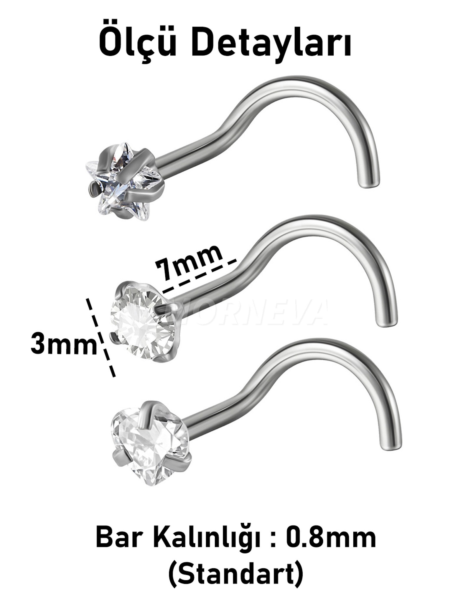 Titanyum | Kristal Kalp,Yıldız,Daire Taşlı Spiral Kancalı Burun Piercingi Hızma Set - 3lü Set