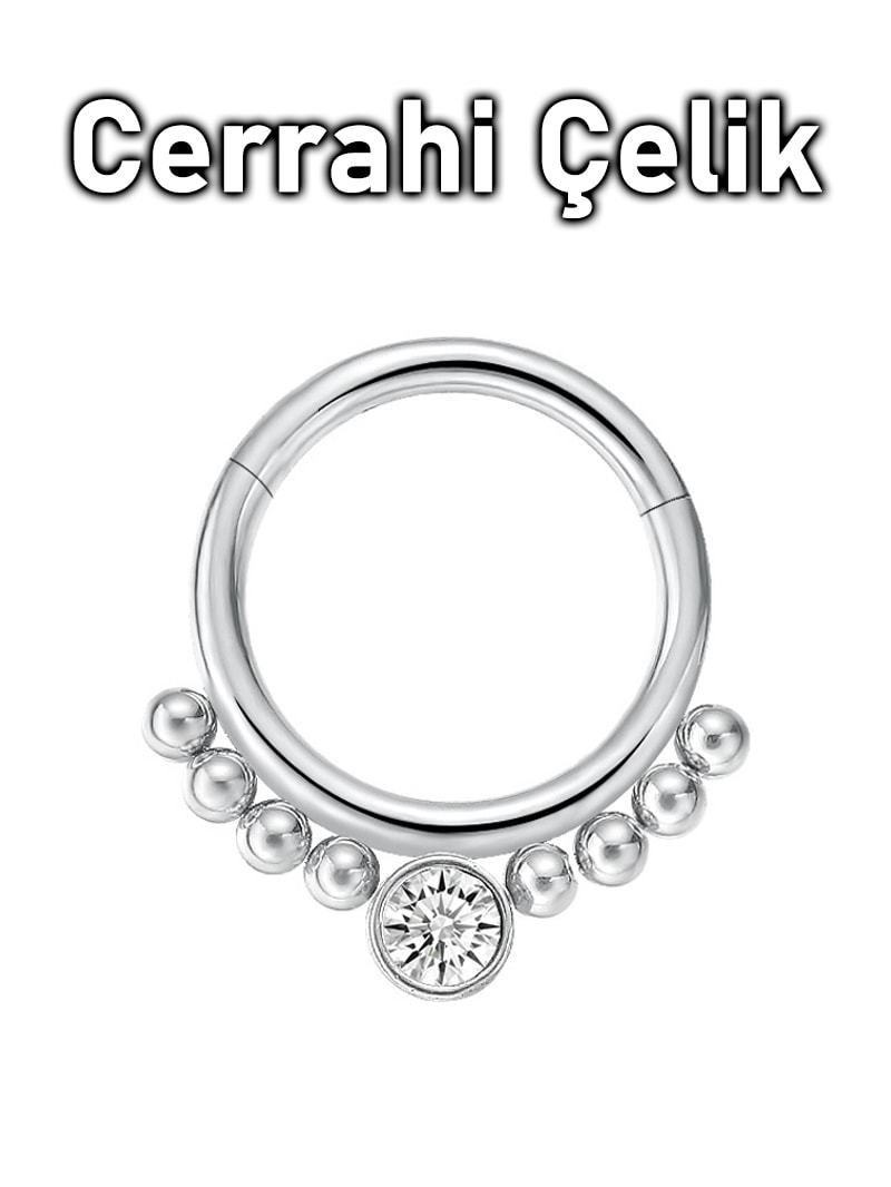 Cerrahi Çelik Ortası Taş Yanları Top Klipsli Halka Septum Daith Piercingi (1 Adet)