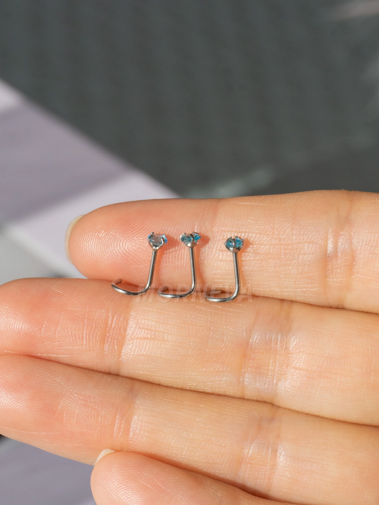 Cerrahi Çelik | Kalp,Yıldız,Daire Taşlı Spiral Kancalı Burun Piercingi 3lü Hızma Set - Mavi