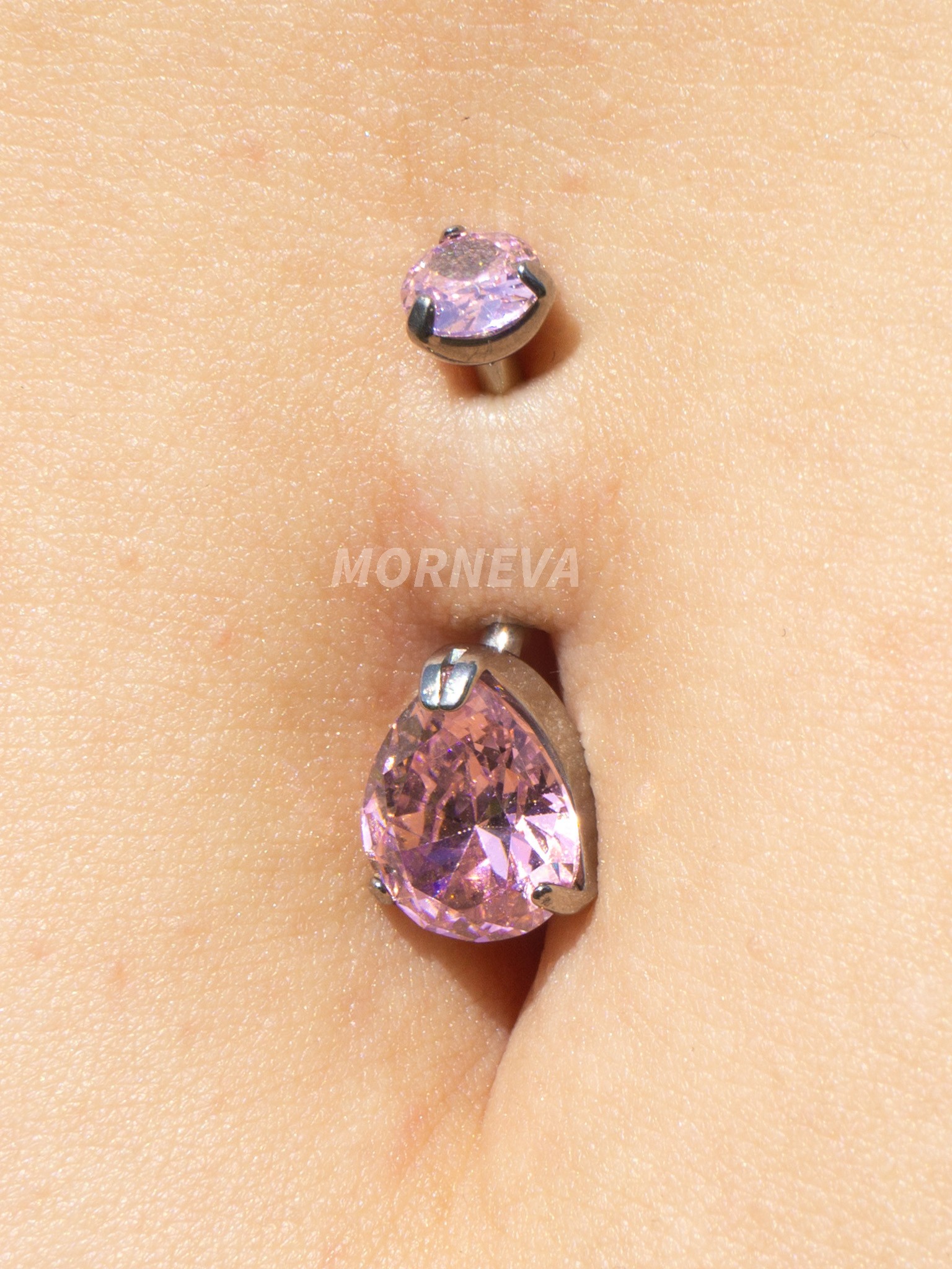 Titanyum Kristal Damla Taşlı Minimal Göbek Belly Piercingi - Pembe
